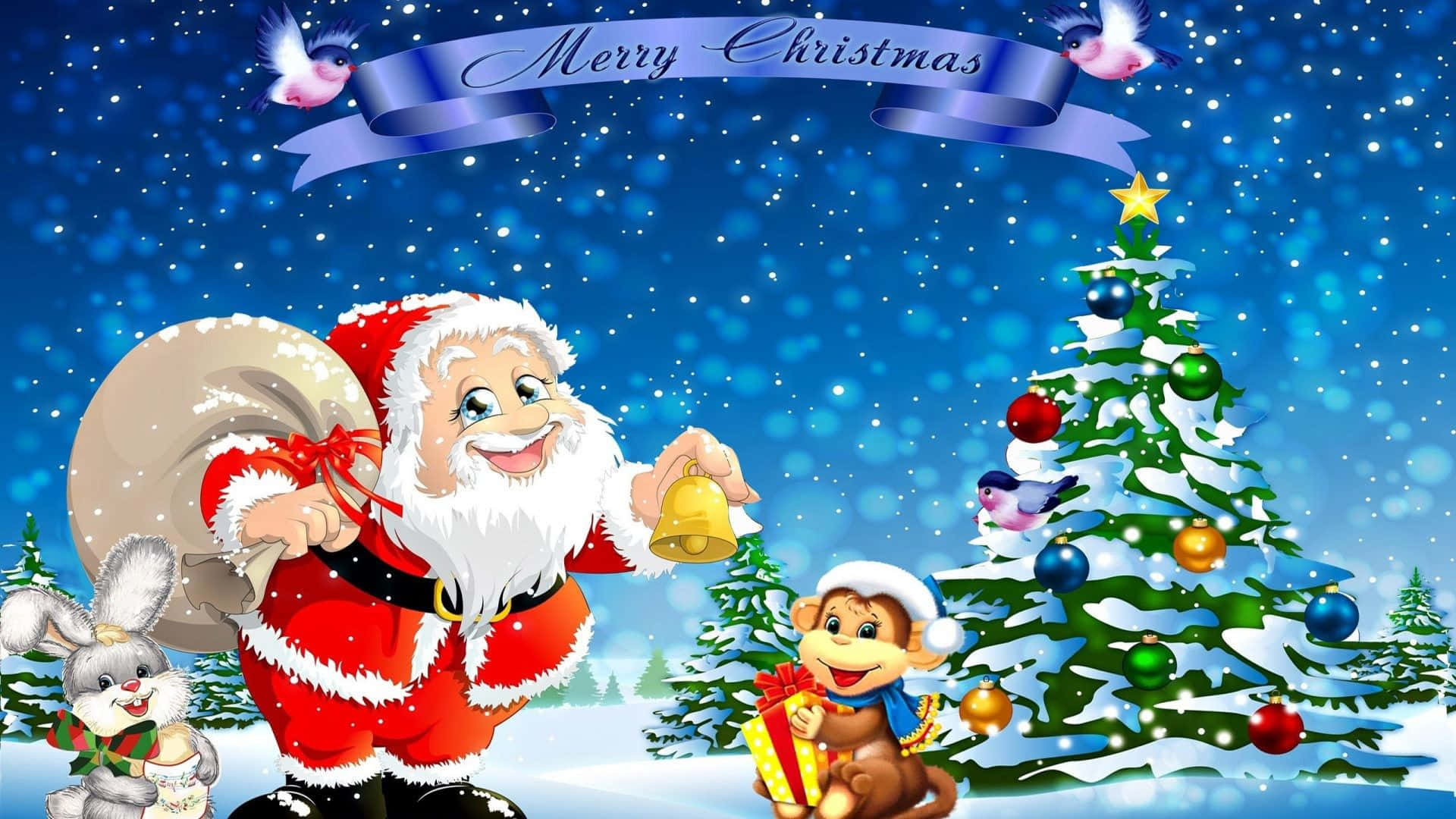Santa Claus 桌布 壁紙 — 聖誕老人微笑著，手持鈴鐺和袋子，站在裝飾好的聖誕樹旁，鳥兒和動物們在飄雪中慶祝。