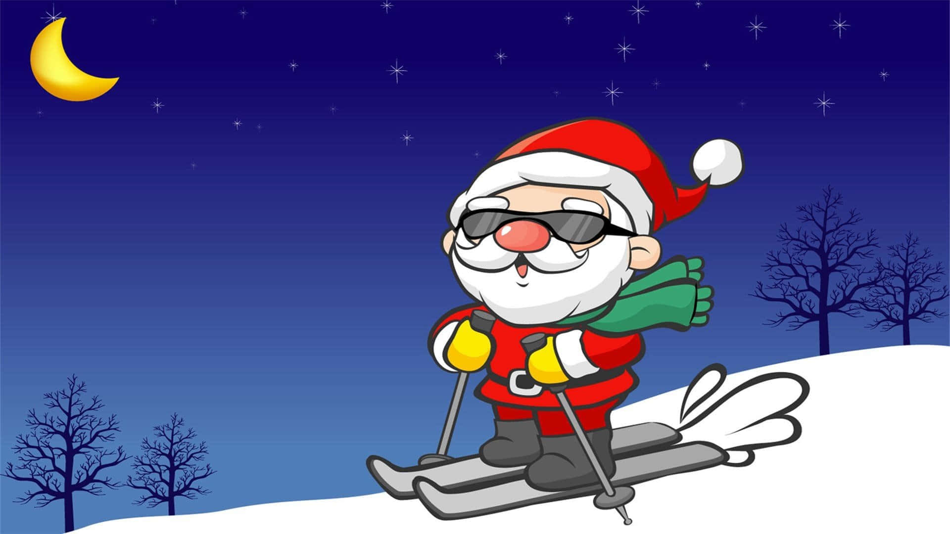 搞笑聖誕gif 桌布 壁紙 — 聖誕老人戴着太陽眼鏡，在彎月與星空下沿着雪坡滑雪。
