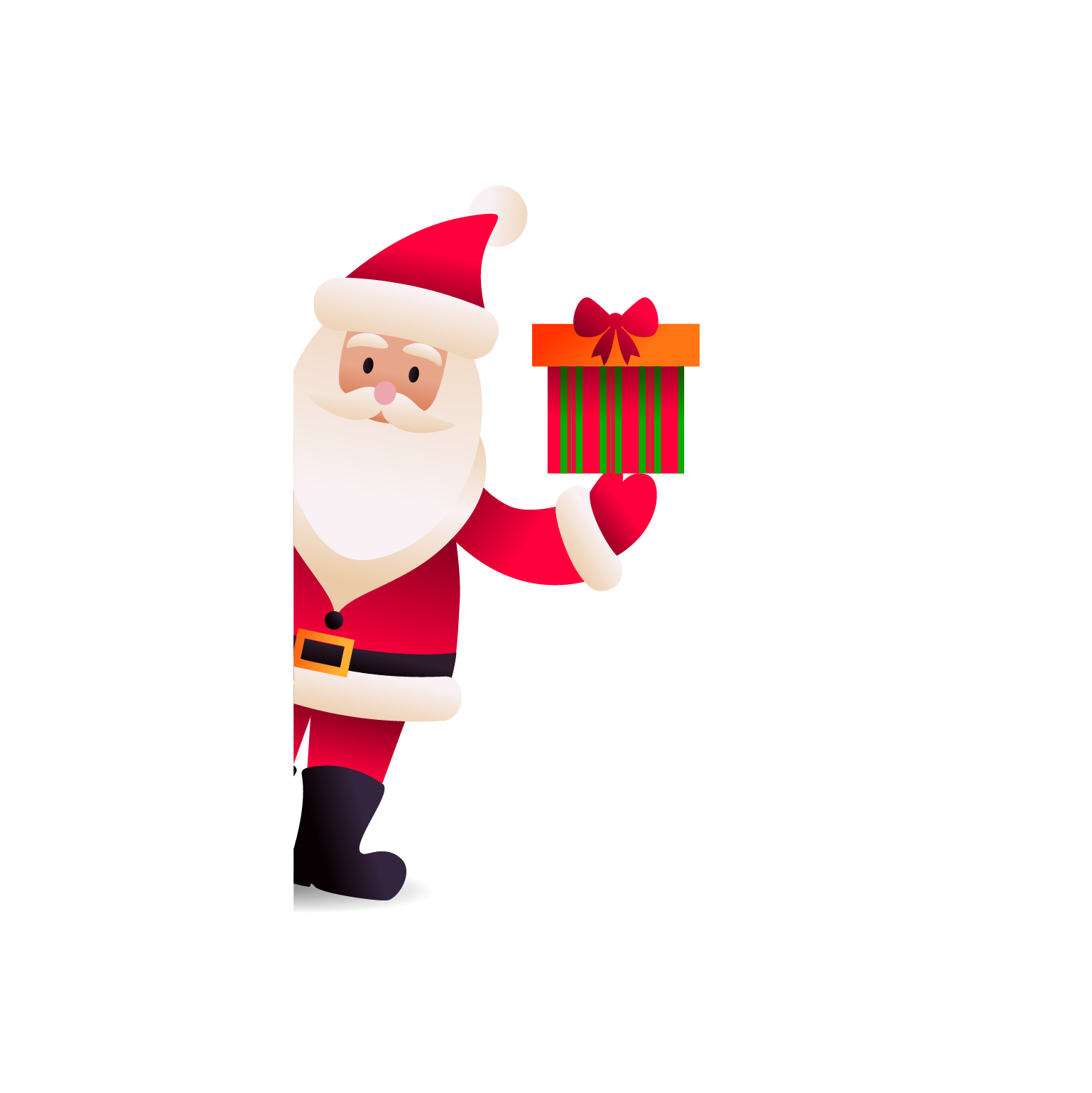 聖誕老人手持禮物慶祝新年 壁紙 — 聖誕老人身穿紅色西裝，手持禮物盒，被白色雪花環繞，背景為黑色，並有「Happy New Year!」文字。
