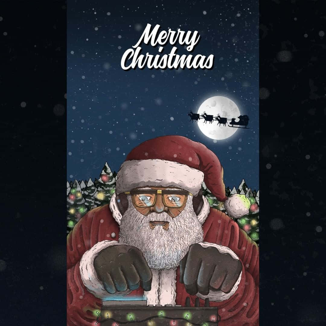 聖誕老人打字簡約可愛聖誕 壁紙 — 聖誕老人戴著眼鏡和紅色西裝，在滿月和雪橇飛過頭頂的雪夜天空下打碟。