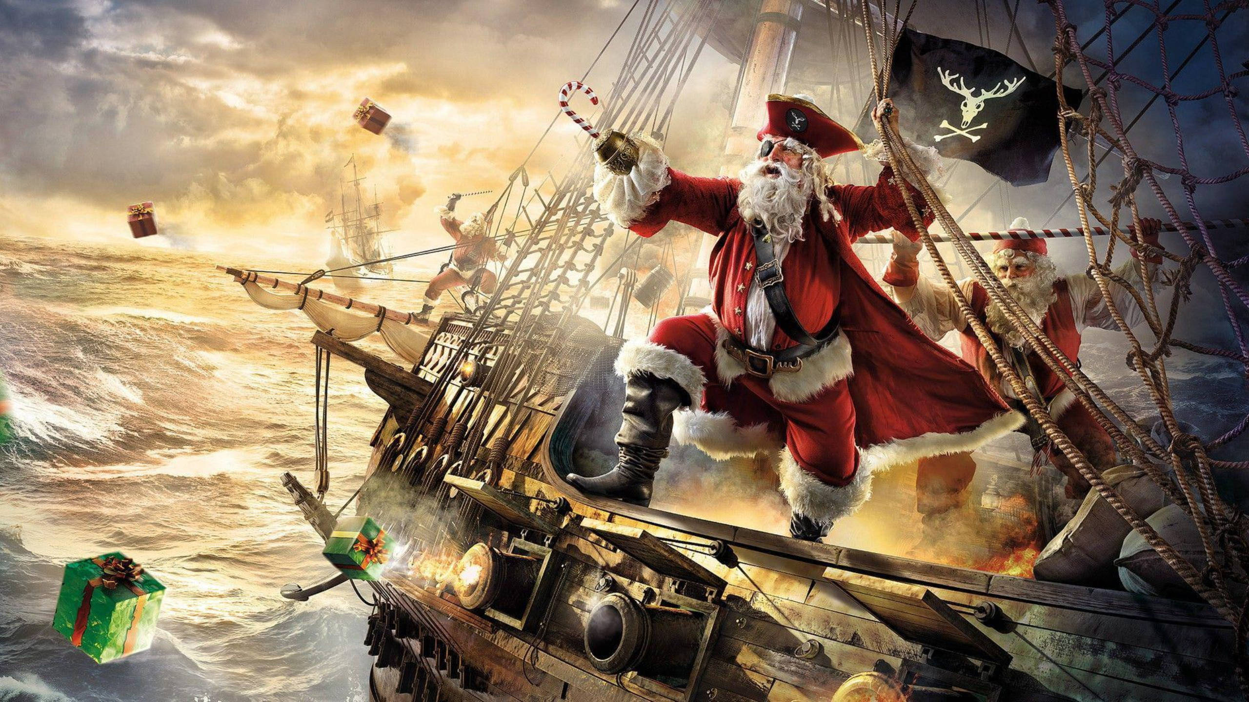 Pirate Santa Claus In Ocean 壁紙 — 聖誕老人穿著海盜服裝，在暴風雨的船上與飛翔的禮物戰鬥，背景是戲劇性的日落天空。