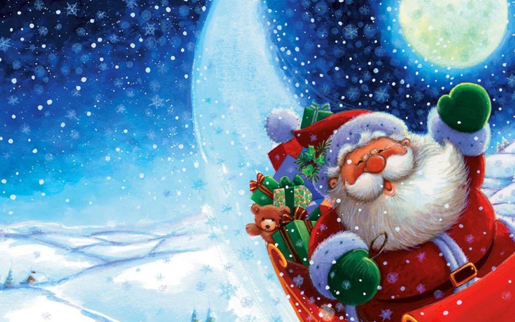 Santa Claus 桌布 壁紙 — 聖誕老人穿著紅色西裝，在雪夜月光下從滿載禮物的雪橇上揮手。