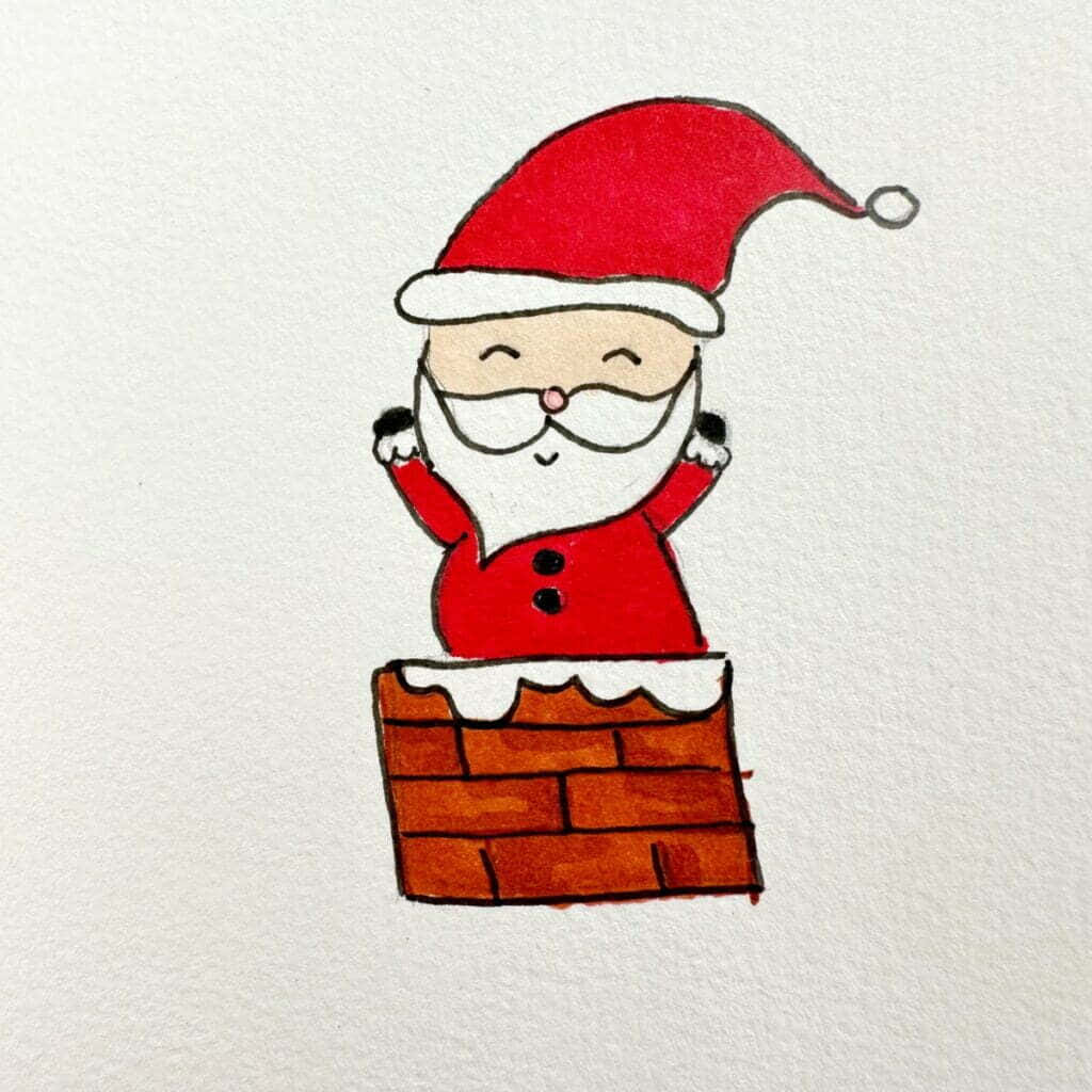 聖誕老人站在煙囪上 壁紙 — 一個快樂的卡通聖誕老人從磚砌煙囪中探出頭來，煙囪邊緣有積雪，以簡單的水彩風格愉快地揮手。