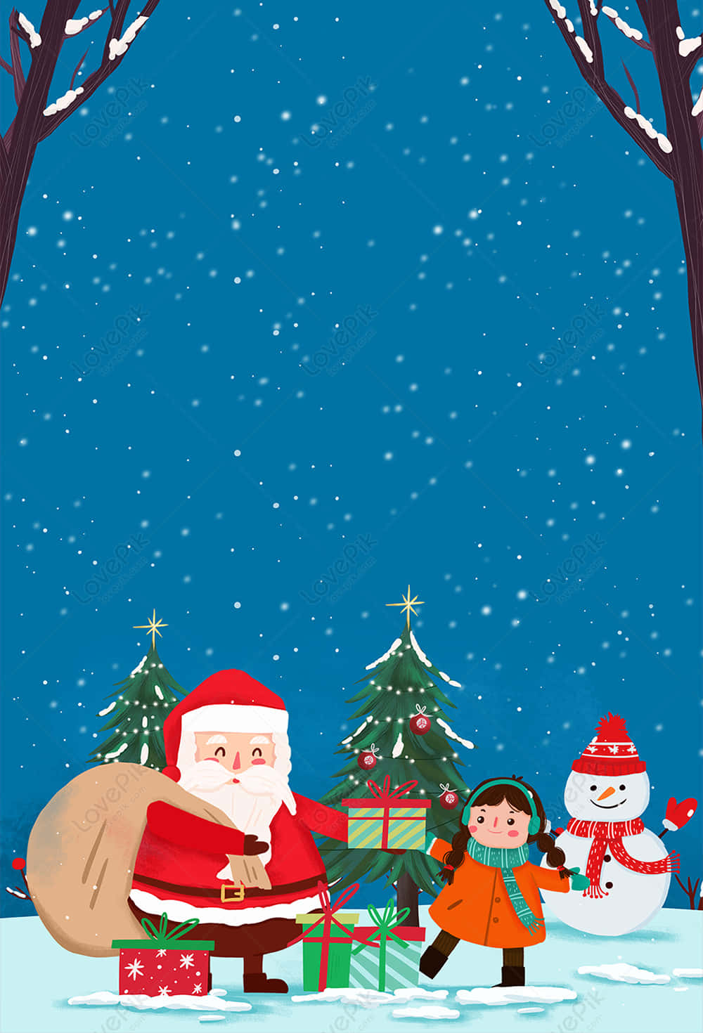 Christmas Eve 桌布 壁紙 — 聖誕老人與一個小孩和雪人，在冬日森林中裝飾樹旁飄雪下。