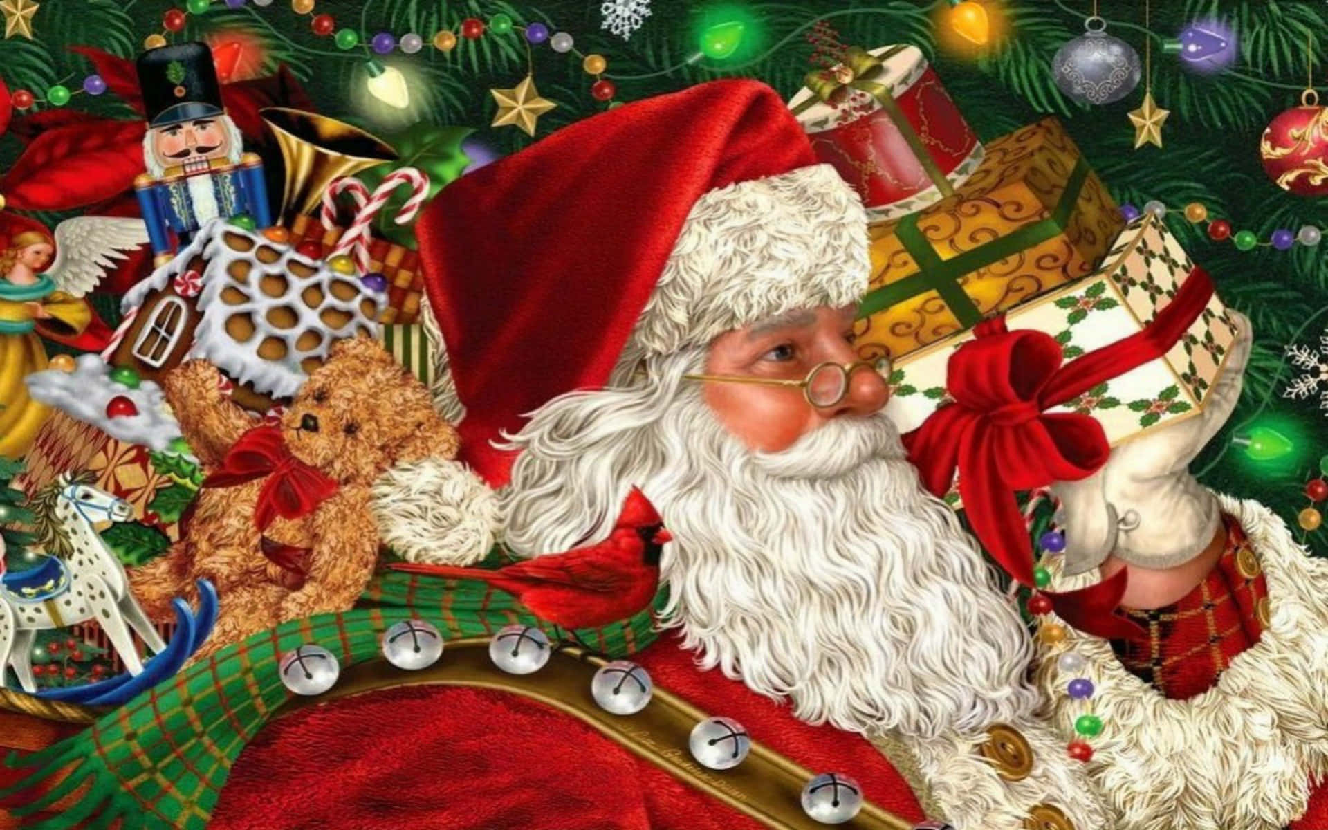 Vintage Christmas 桌布 壁紙 — 聖誕老人被禮物、玩具和節日裝飾包圍，在閃爍的燈光下。