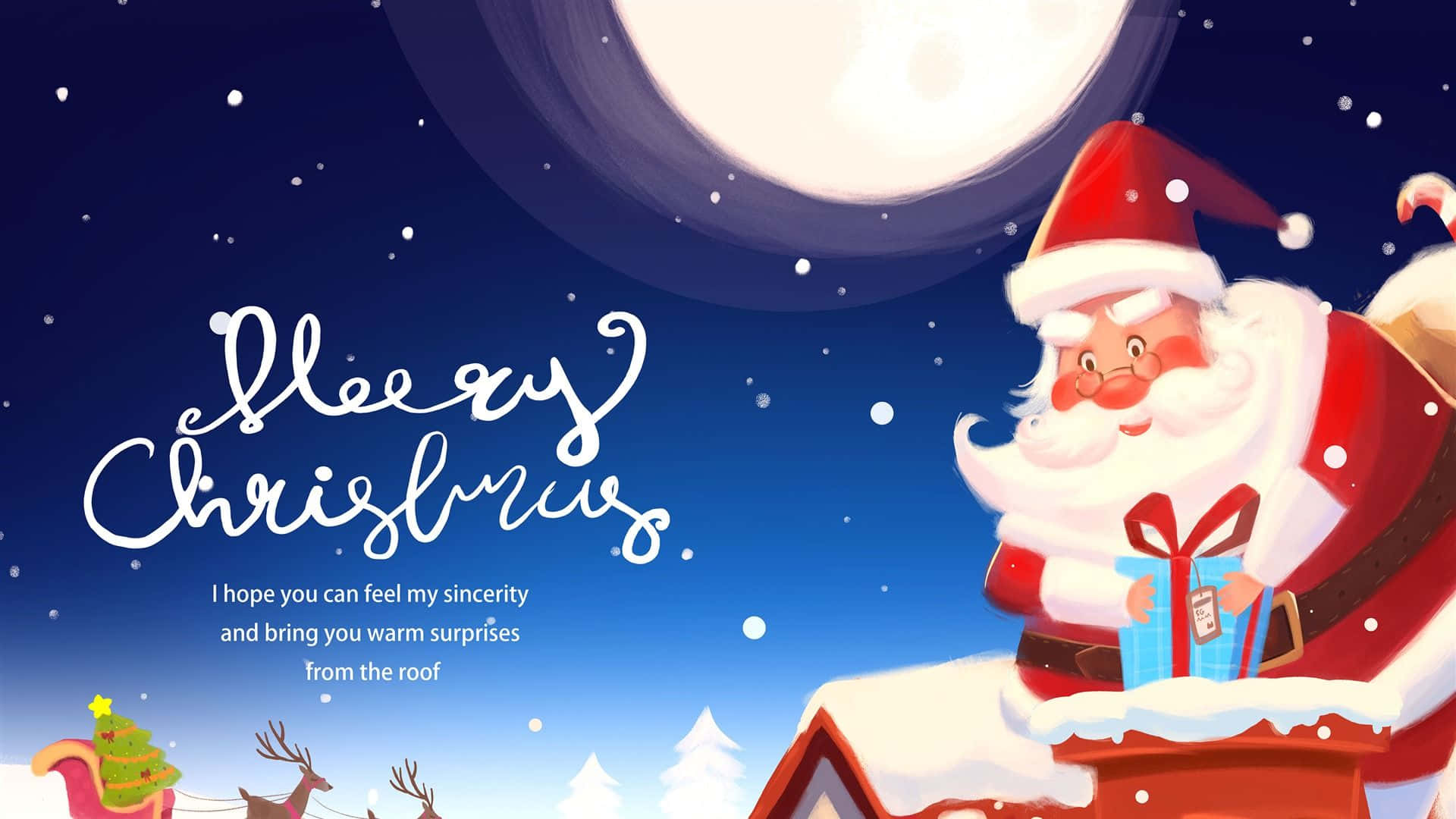 Greetings 桌布 壁紙 — 聖誕老人身穿紅色西裝，在滿月下的雪屋頂上拿著禮物盒，下方有馴鹿和雪橇。