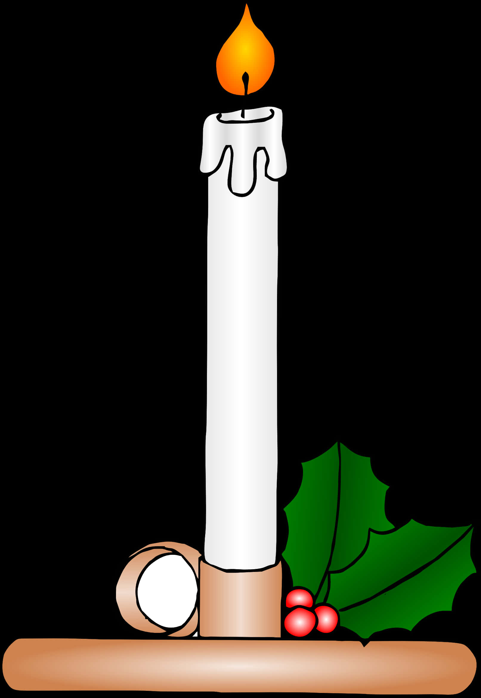 聖誕蠟燭插畫 壁紙 — 一支燃點的白蠟燭，帶有融化的蠟滴，放在木底座上，旁邊有冬青葉和紅色漿果，背景為黑色。