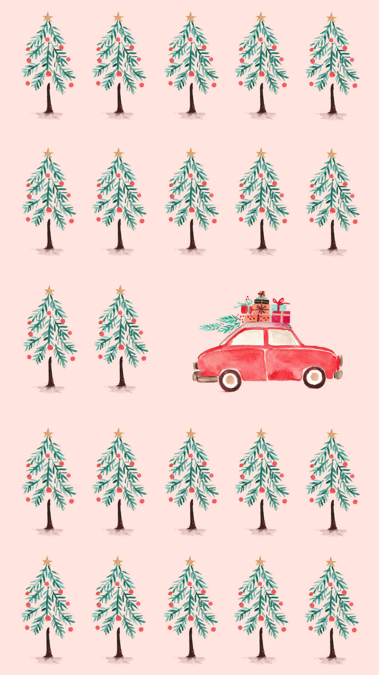 聖誕送禮車手機壁紙 壁紙 — 一輛載滿禮物的紅色復古車在柔和的粉紅色背景上行駛，穿過重複的水彩聖誕樹田野。
