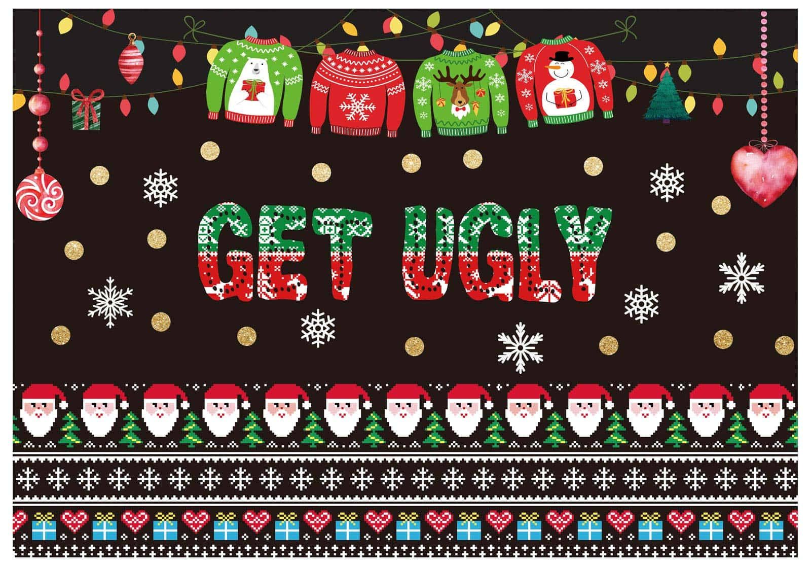 聖誕醜毛衣系列，中間寫著「Get Ugly」 壁紙 — 節日毛衣主題牆紙，帶有「GET UGLY」文字和聖誕裝飾，背景為深色。
