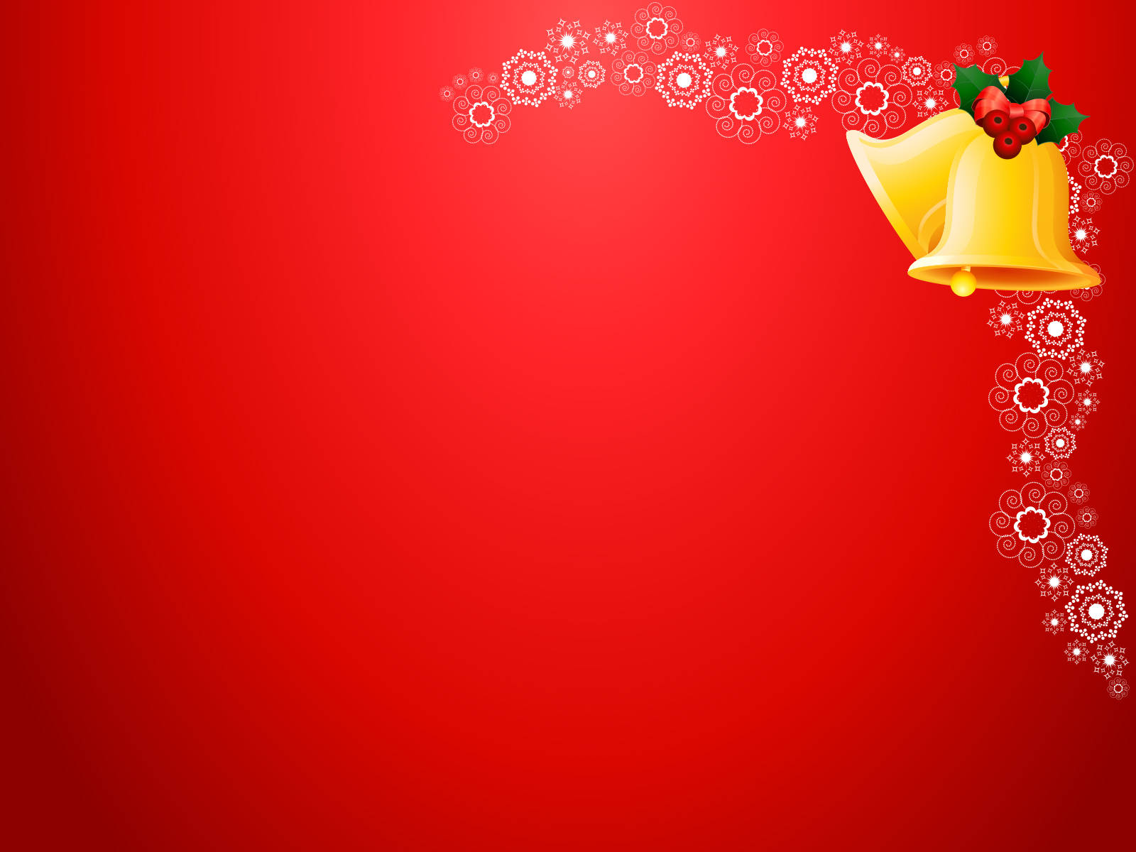 聖誕鐘聲紅色聖誕背景 壁紙 — 一個節日金鐘，飾有冬青漿果和綠葉，放在裝飾性白色花卉邊框上，背景是充滿活力的紅色漸變。