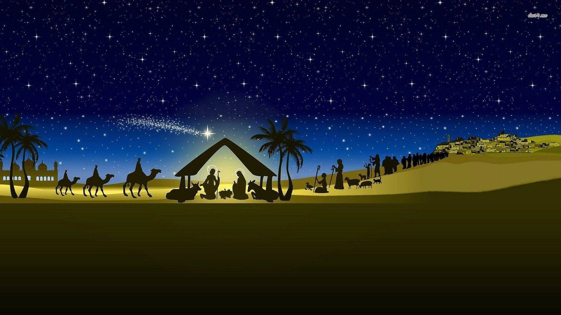 聖誕降生場景 聖家與三王 壁紙 — 在繁星點點的夜空下，駱駝和牧羊人聚集在馬槽周圍的剪影耶穌誕生場景。
