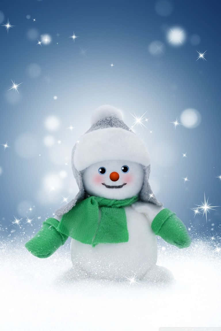 一個微笑的雪人戴著帽子和圍巾，被雪和閃光包圍。