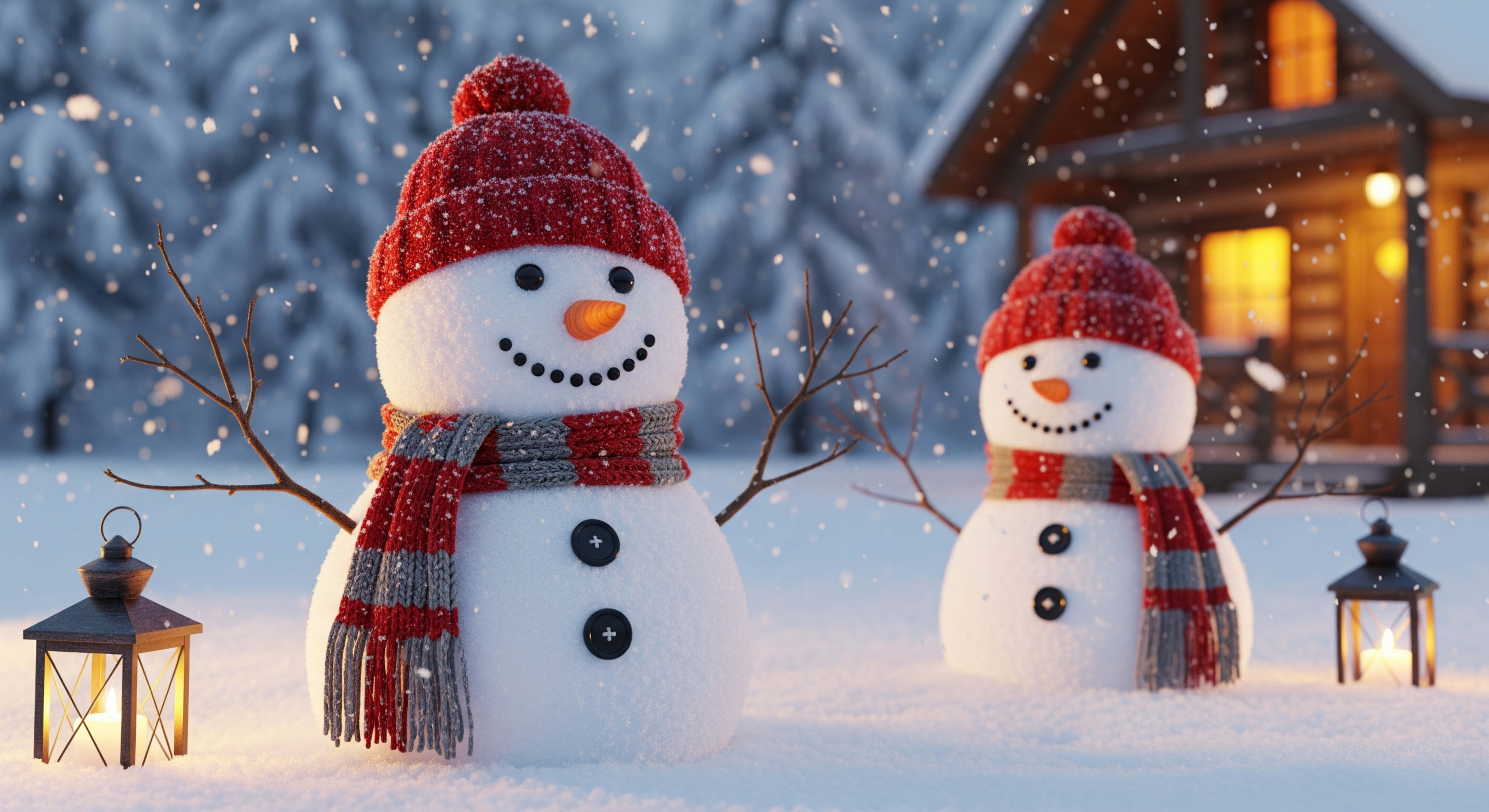 聖誕雪人冬日仙境 壁紙 — 兩個戴著紅色帽子和圍巾的快樂雪人站在雪地庭院中，旁邊是發光的燈籠，背景是一座舒適的小木屋。