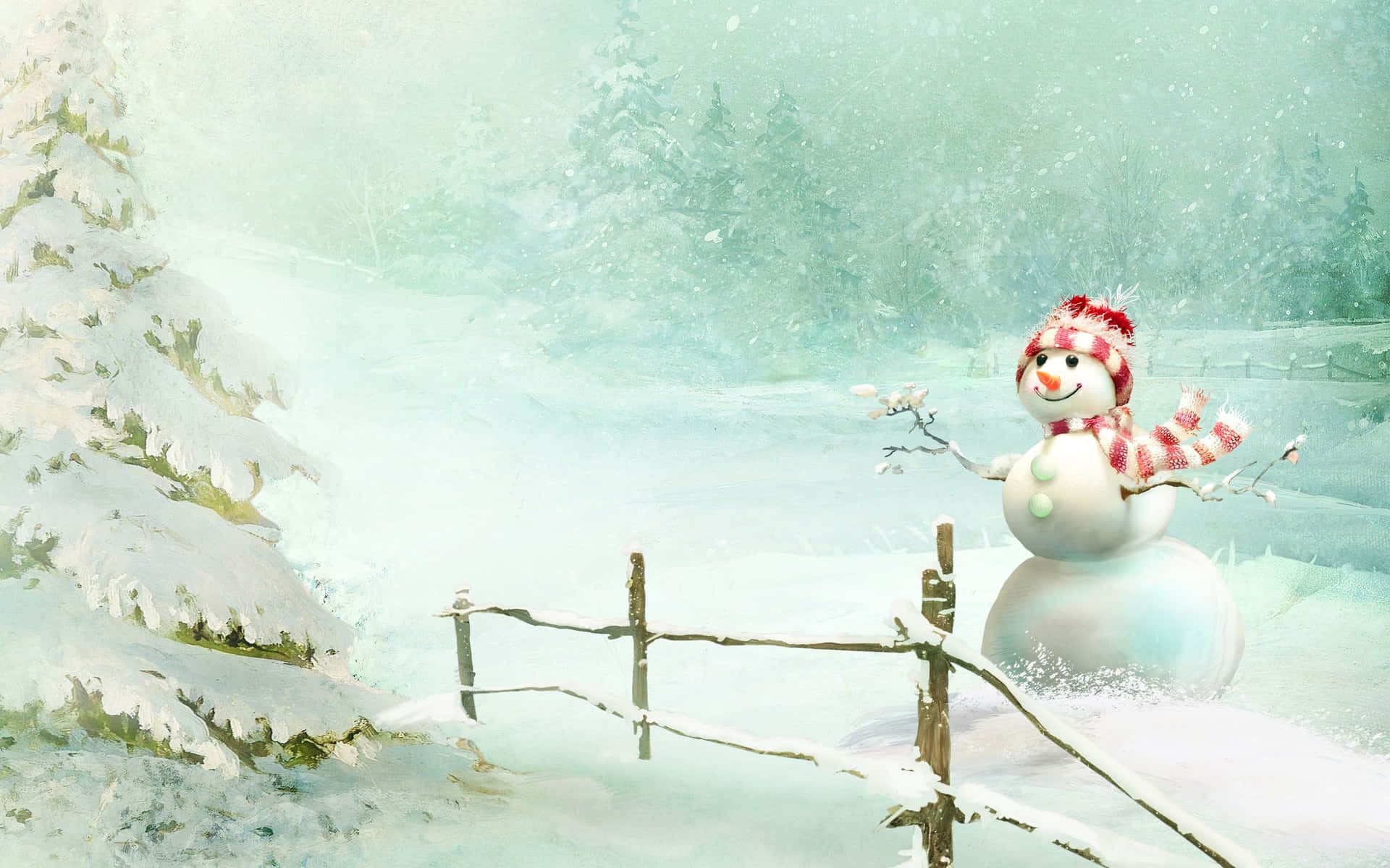 雪人站在雪森林中，戴著紅白圍巾和帽子