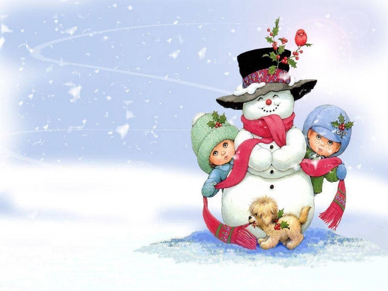 兩個孩子和一隻狗在雪白的冬日場景中與雪人玩耍。 — 雪人 壁紙