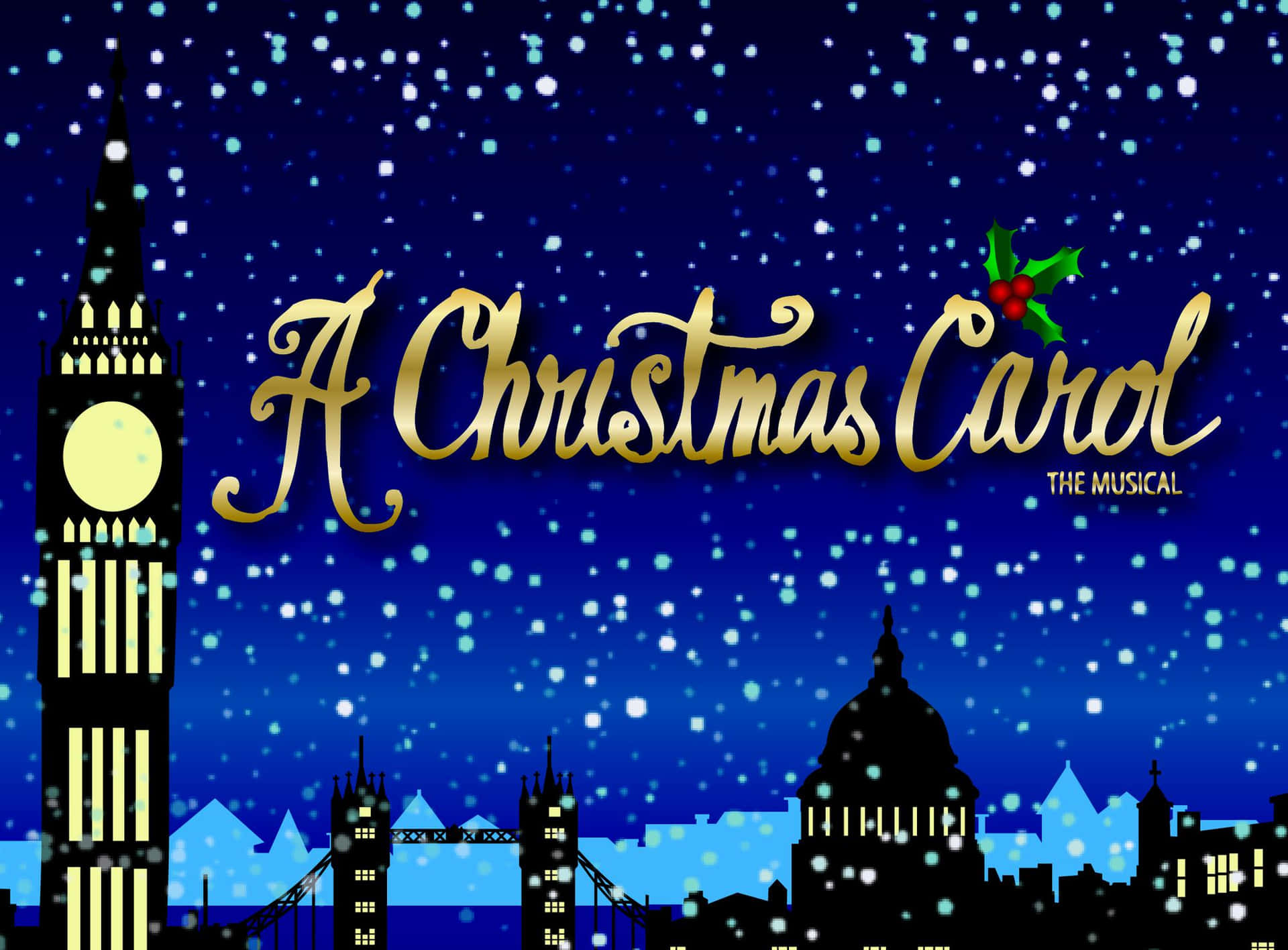 A Christmas Carol 音樂劇海報，展現倫敦天際線和夜間飄雪。