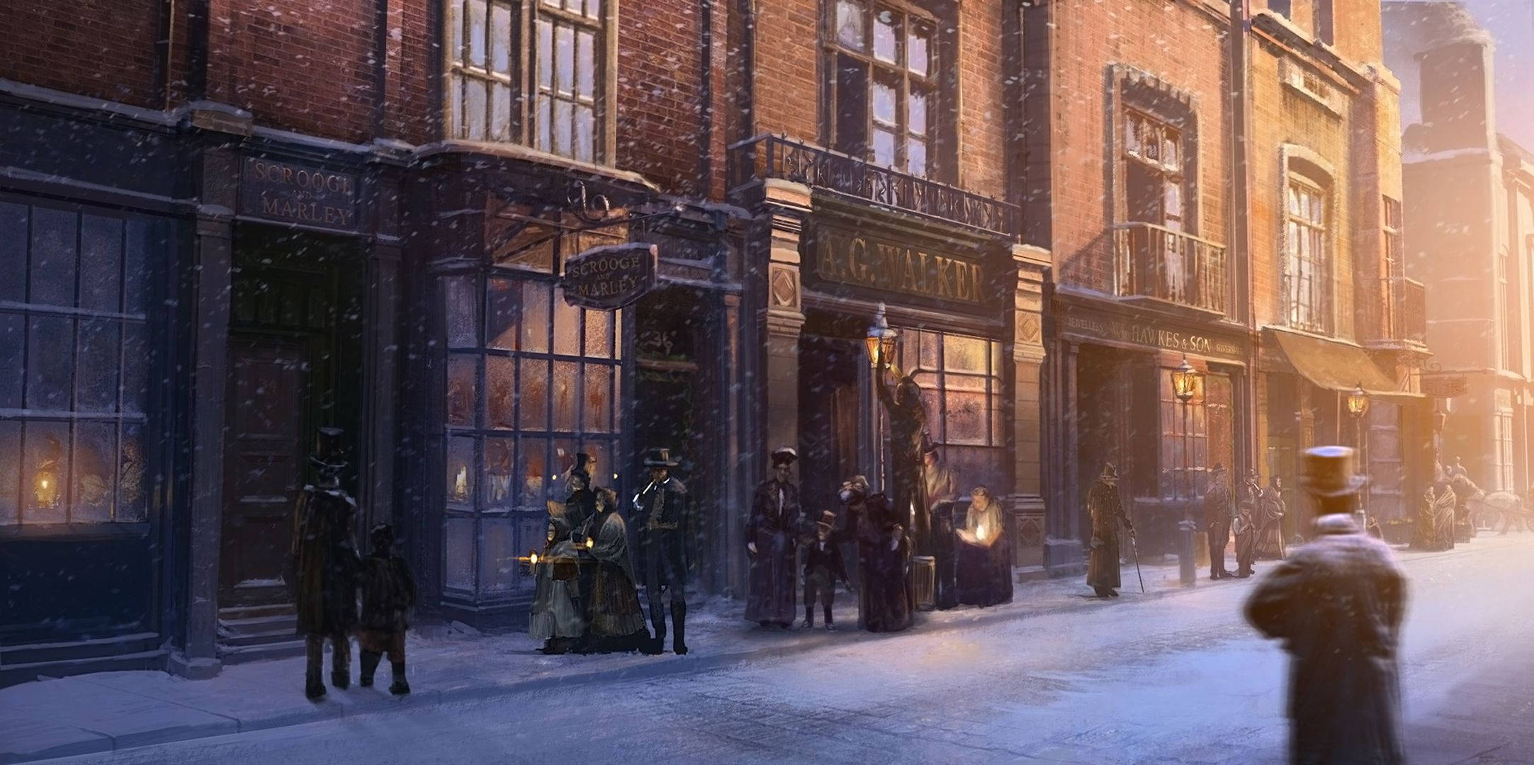 《聖誕頌》街景 壁紙 — 雪花輕輕飄落在維多利亞風格的街道上，穿著時代服飾的人們聚集在溫暖明亮的商店和酒吧外。