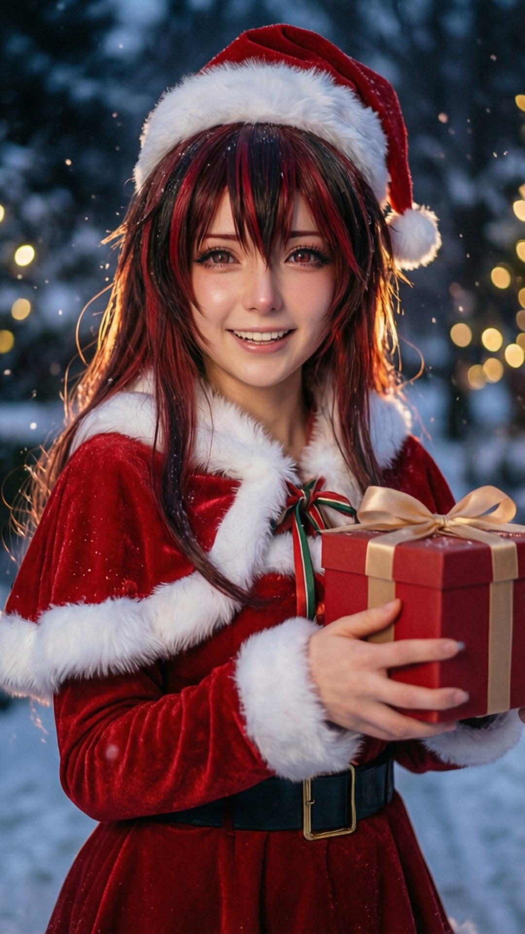 動漫女性穿著聖誕老人服裝在雪地冬景中手持禮物，伴隨著燈光。