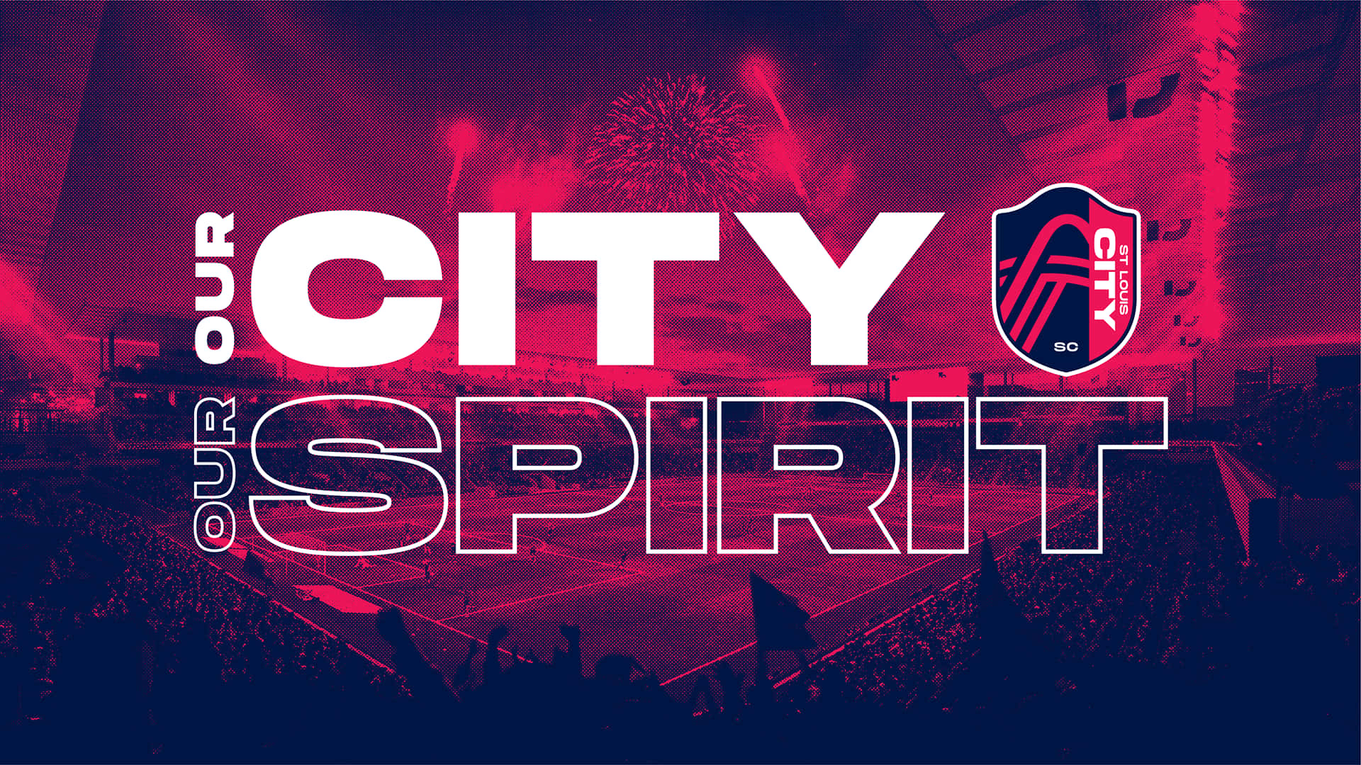 球場人群在紅色煙火下歡呼，帶有「Our City Spirit」文字。