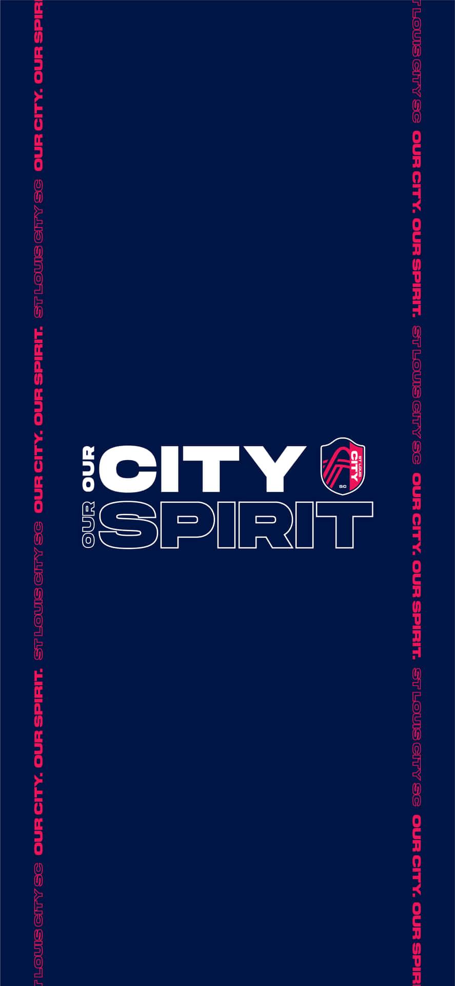 藍色壁紙，帶有白色和粉紅色的文字「Our City Our Spirit」和團隊標誌。