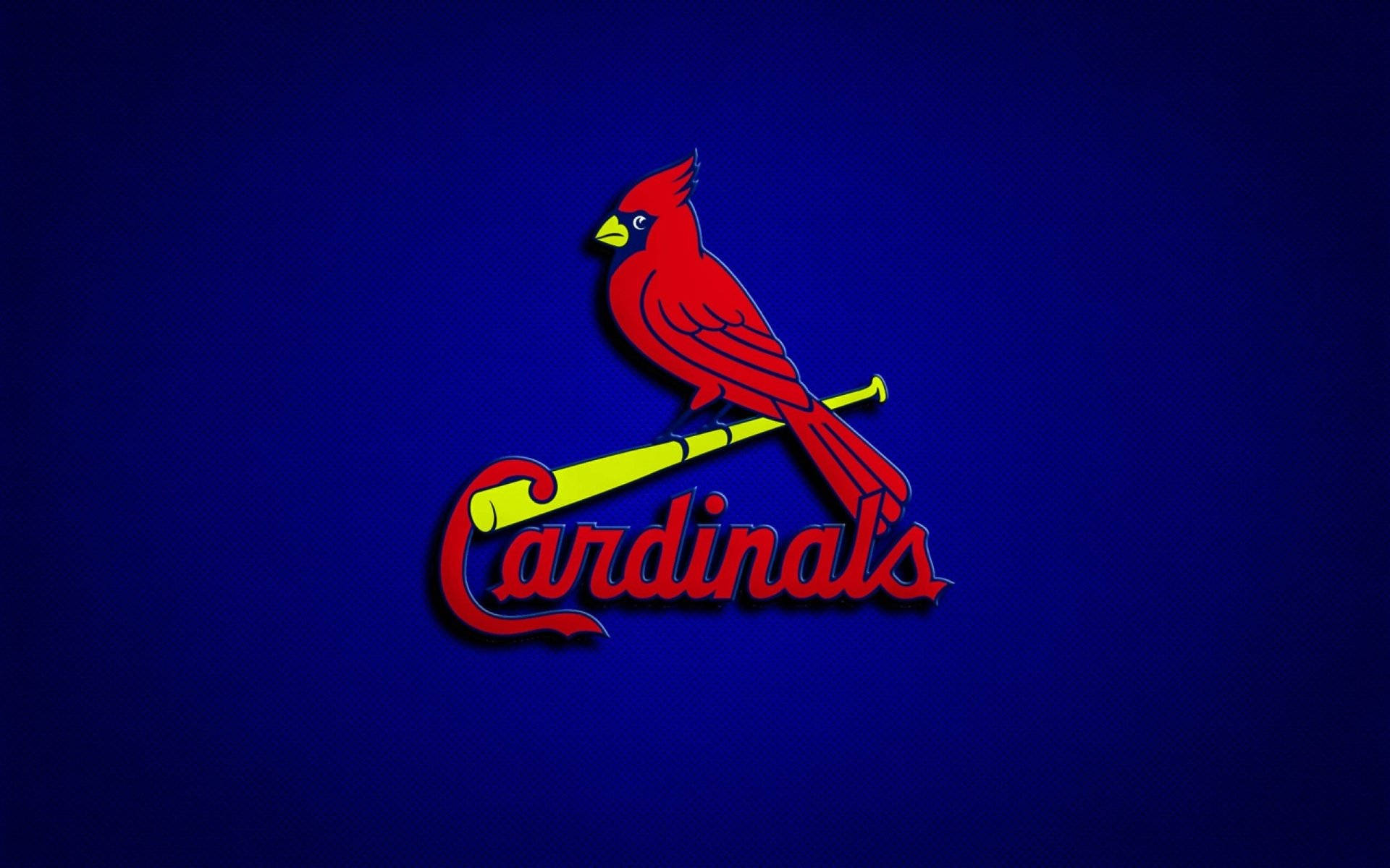 紅色紅雀標誌棲息在黃色球棒上，藍色背景上有「Cardinals」文字。