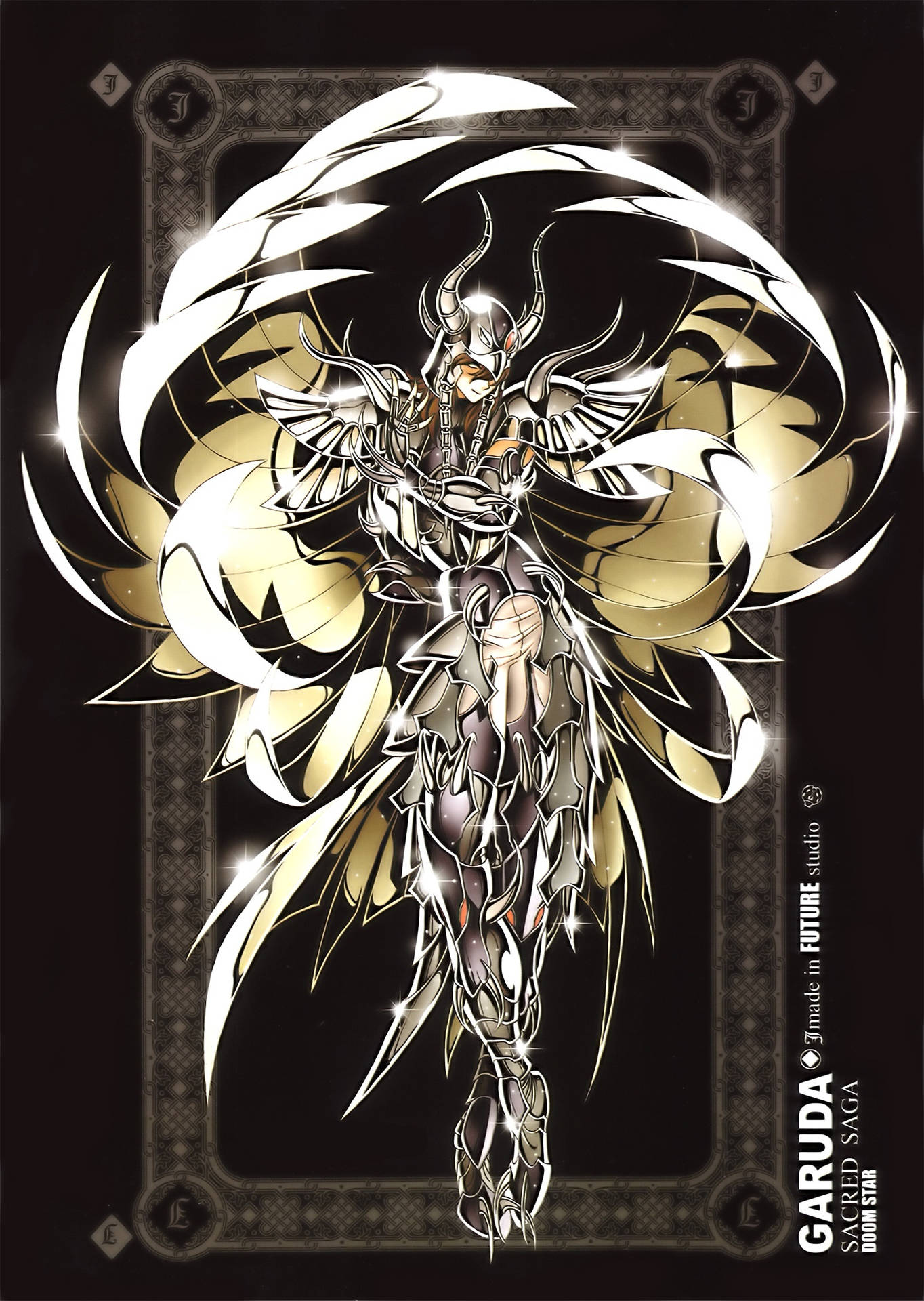 動漫角色 Garuda 身穿銀色和金色盔甲，在黑暗華麗的背景中展開發光的翅膀。