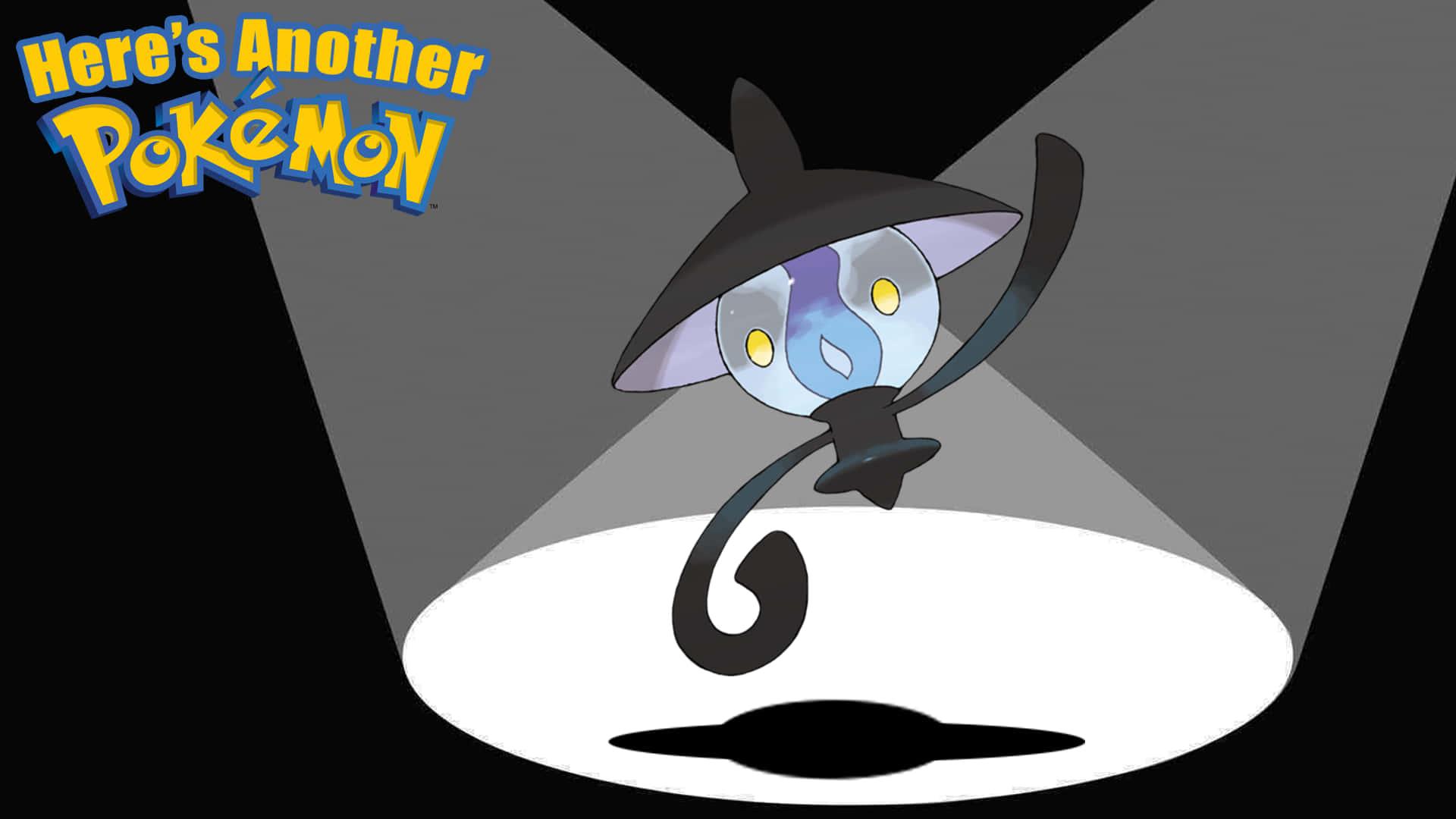 聚光燈下的Lampent 壁紙 — 一隻發光的寶可夢戴著巫師帽，在黑暗背景的聚光燈下站在舞台中央。