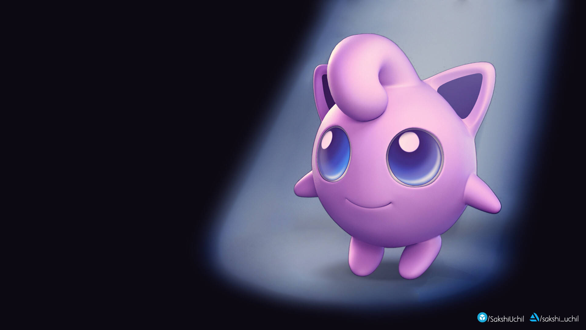 聚光燈下的紫色Jigglypuff，藍色眼睛和溫柔的微笑。