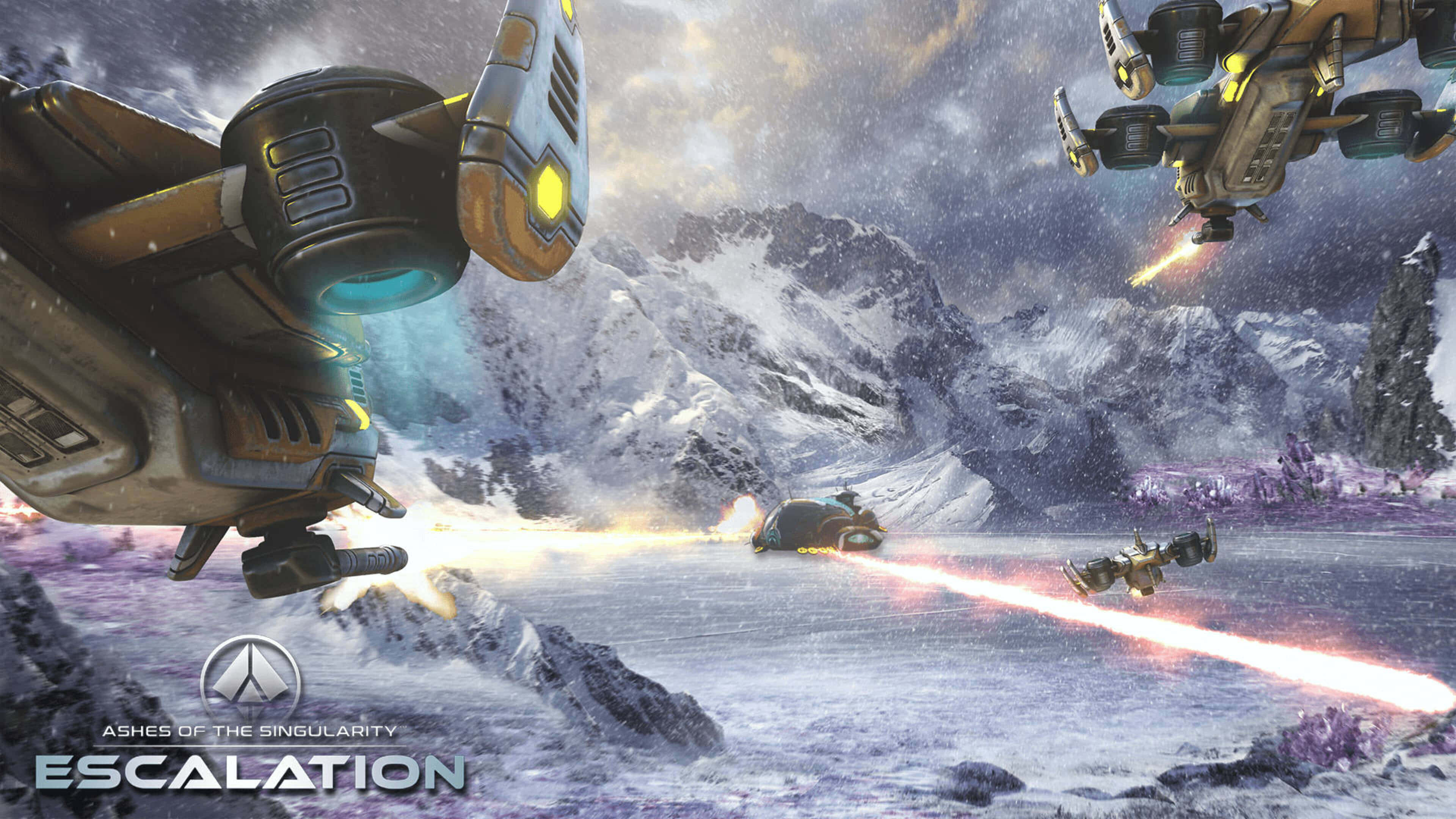 聯合盟友，於4K《Singularity：Escalation》中統馭戰場 壁紙 — 未來戰艦在風暴天空下，於白雪覆蓋的外星景觀中戰鬥，配備發光武器和鋸齒狀山脈。