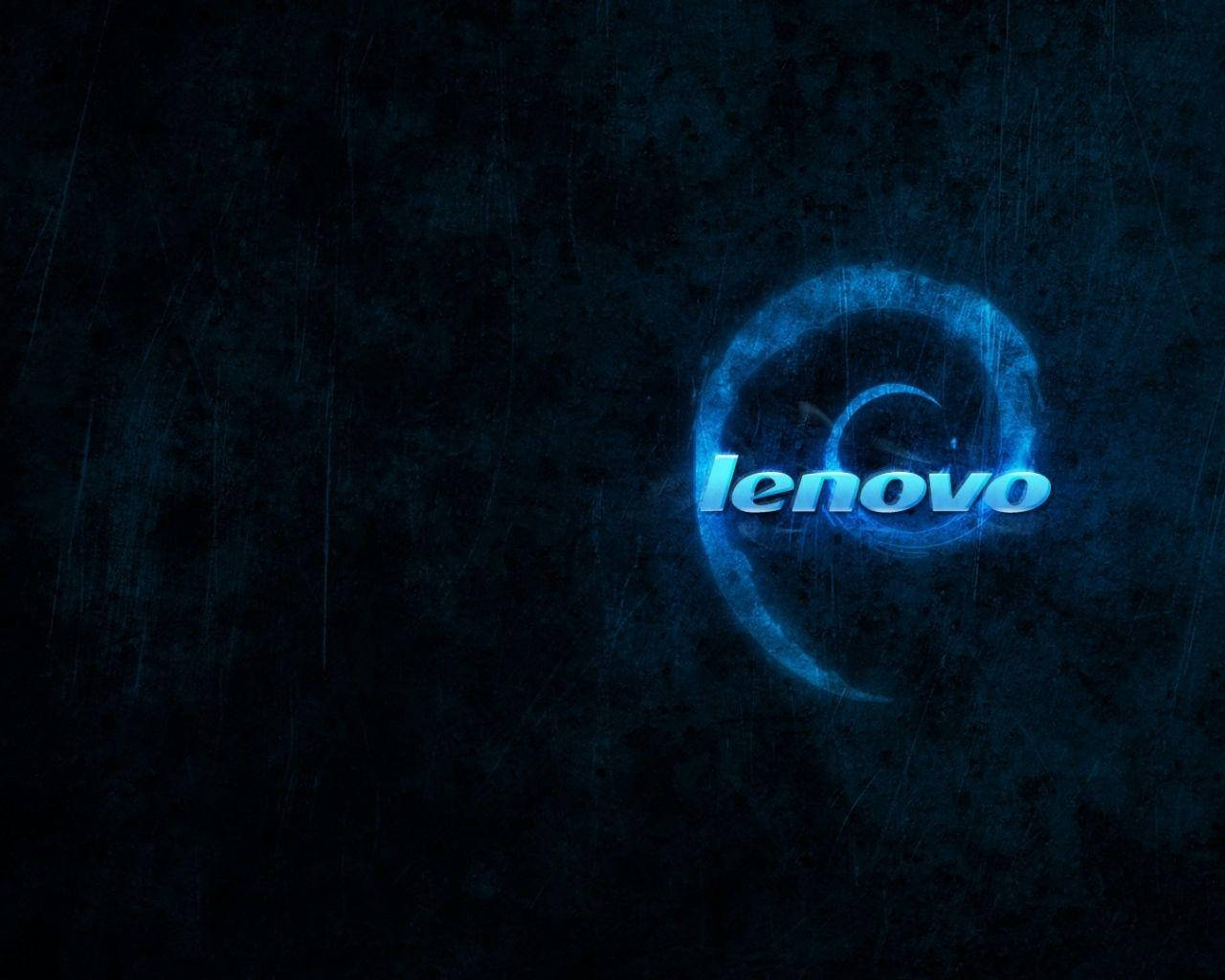 深色紋理背景上發光的藍色 Lenovo 標誌