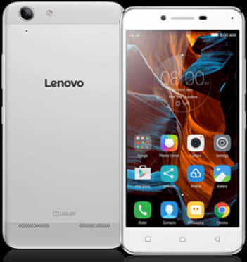 聯想智慧手機正反面視圖 壁紙 — 銀色 Lenovo 智能手機前後展示，屏幕上帶有彩色抽象桌布。