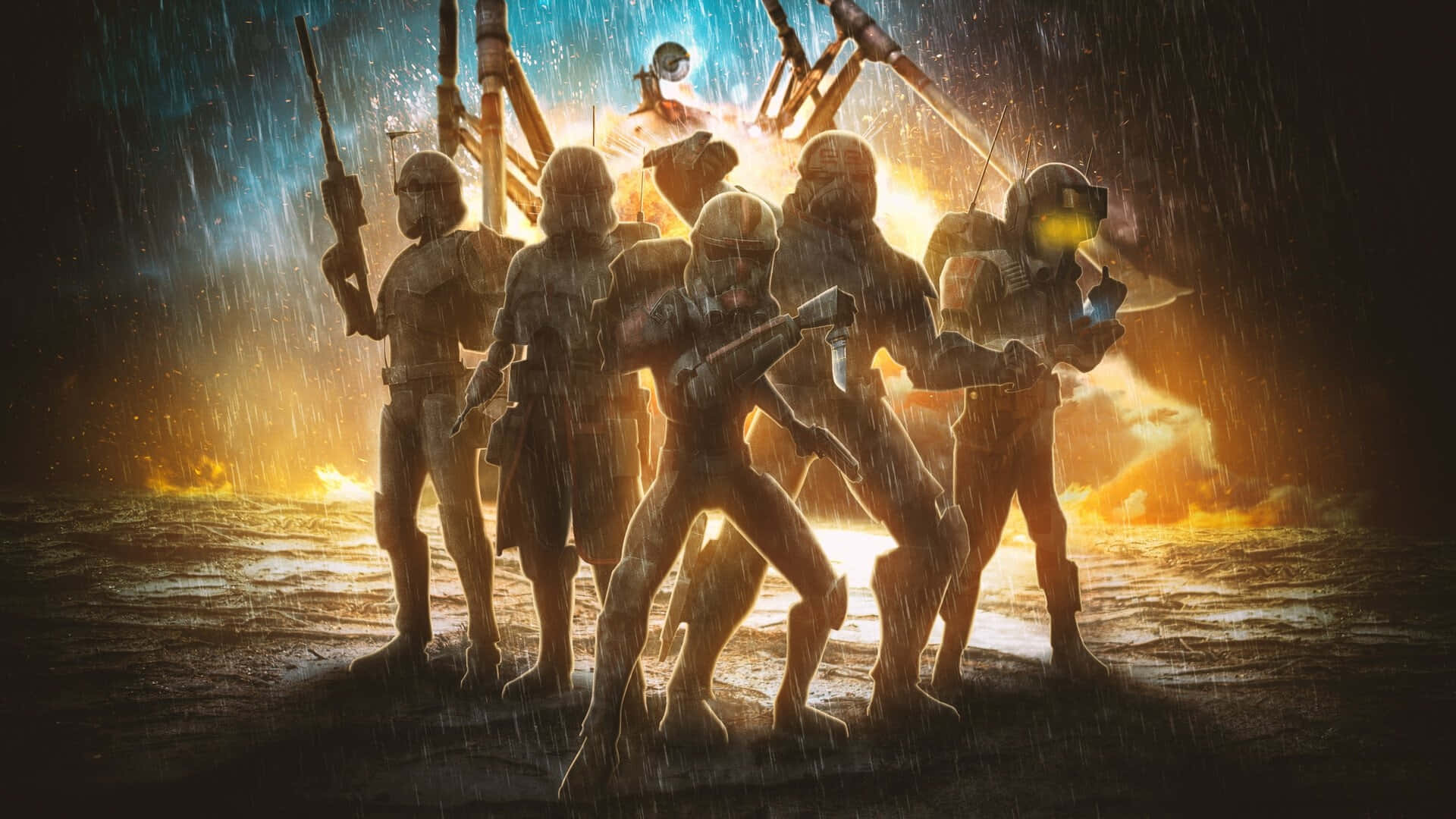 身穿盔甲的克隆士兵在夜間激烈的戰鬥中站在雨中。