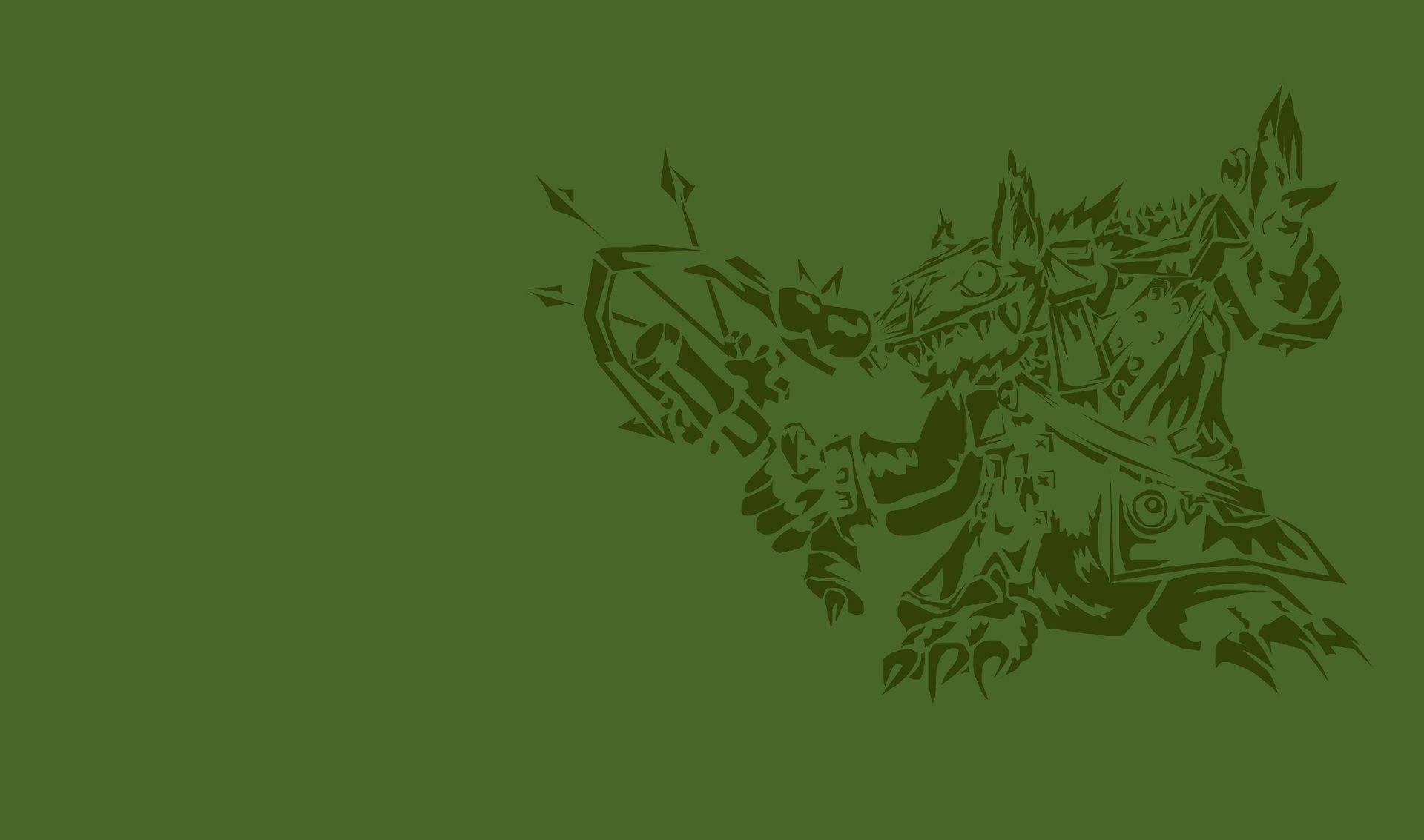 《聯盟》遊戲角色「瘟疫鼠」Twitch 向量藝術 壁紙 — 一個風格化的深綠色剪影，描繪一個兇猛的幻想生物，帶有尖刺盔甲和爪子，背景為純橄欖綠色。