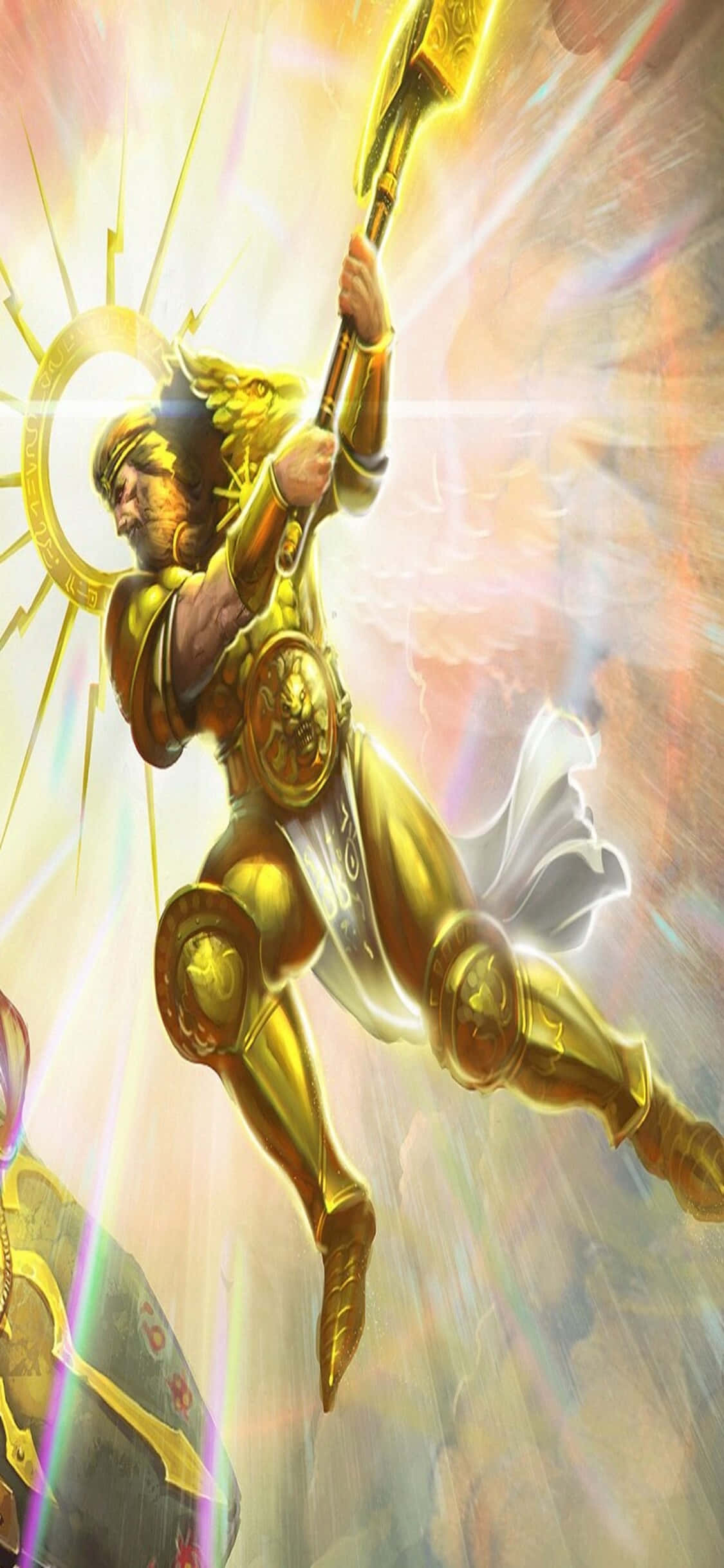 聯結世界：當你進入《戰錘40K：戰爭黎明III》iPhone X 的領域，準備迎接終極戰鬥 壁紙 — 一位身穿金色盔甲的戰士，帶著耀眼的光環和閃電武器，在發光的宇宙背景下動態飛翔。