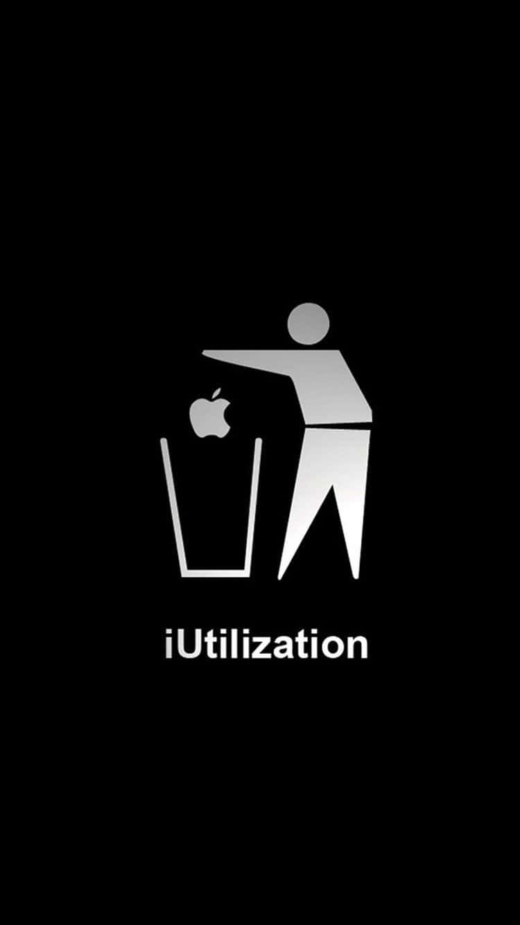 聰明iPhone與回收人士 壁紙 — 一個人在黑色背景上將 Apple 標誌丟進垃圾桶的極簡銀色剪影。