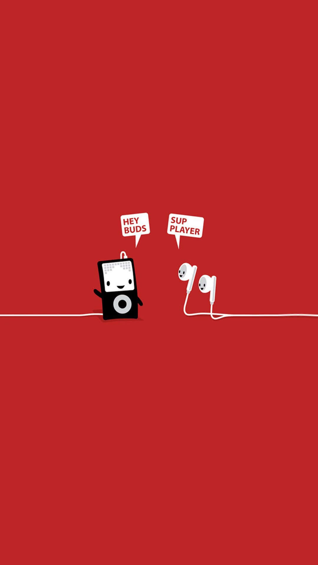 聰明iPhone與朋友 壁紙 — 一個極簡風格的卡通 iPod 和耳塞，在純紅色背景上用對話氣泡聊天。