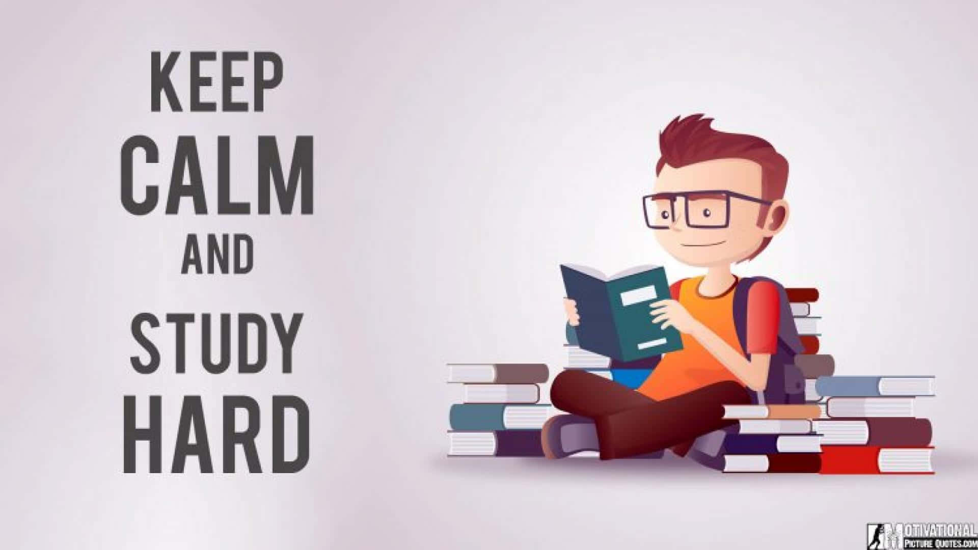 戴眼鏡的學生被書本包圍閱讀，帶有 'Keep Calm and Study Hard' 文字。