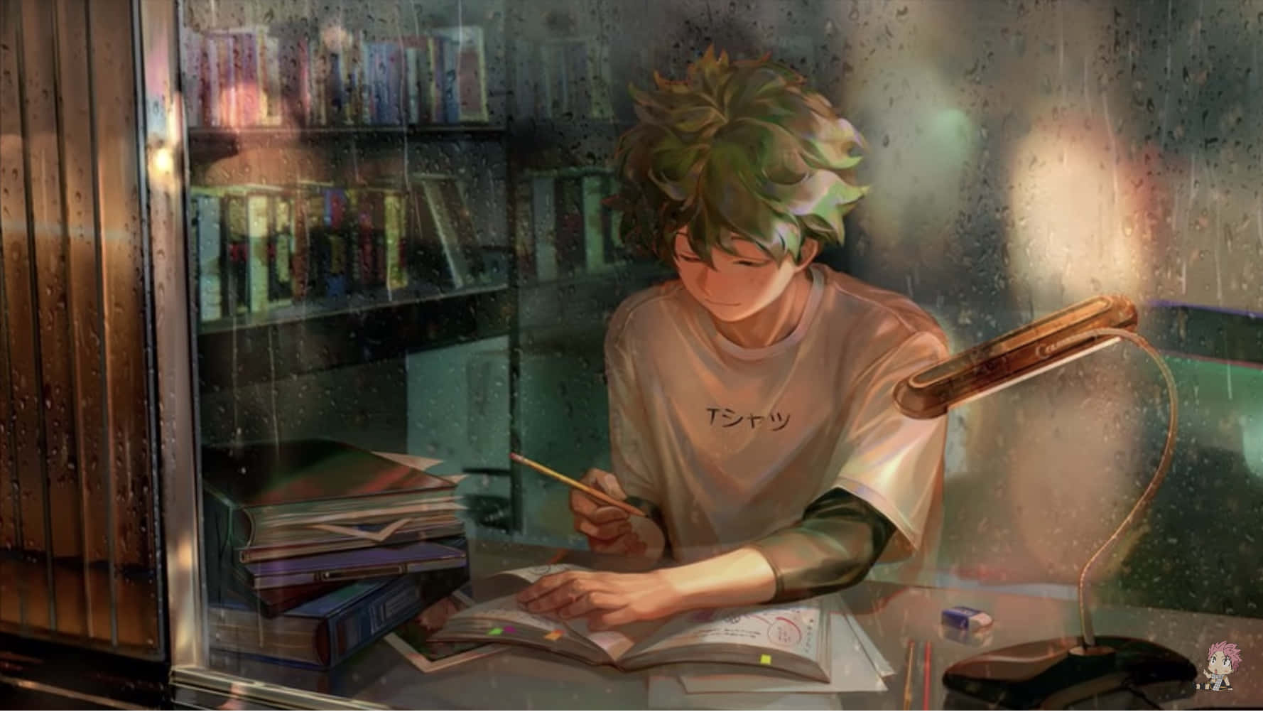 動漫男孩在雨窗邊的書桌前用燈和書本學習。