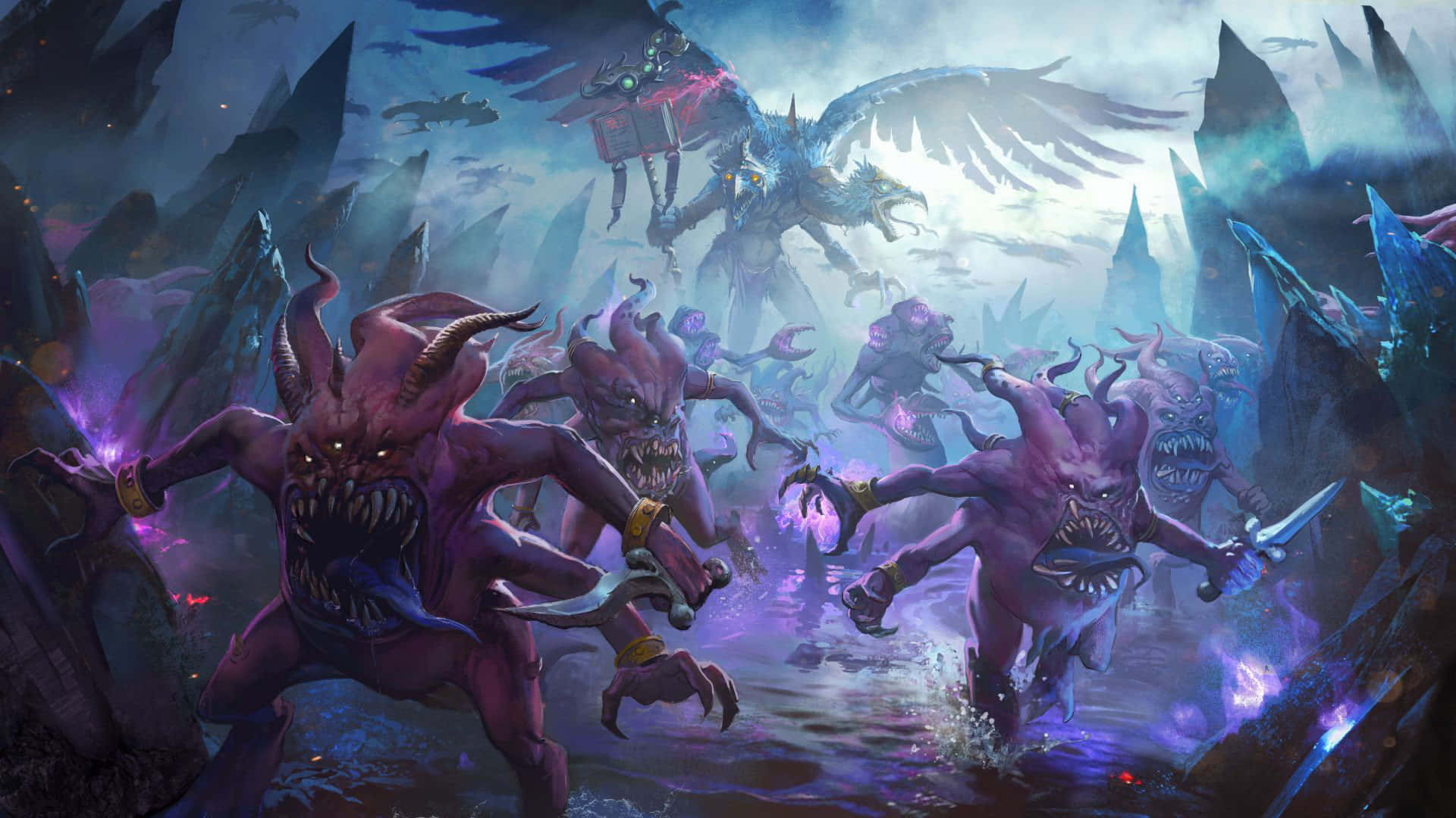 聲名狼藉的部隊 1920x1080 Total War Warhammer 背景 壁紙 — 邪惡的紫色惡魔，眼睛發光，在暴風雨的天空下衝過霧氣瀰漫、崎嶇不平的戰場。