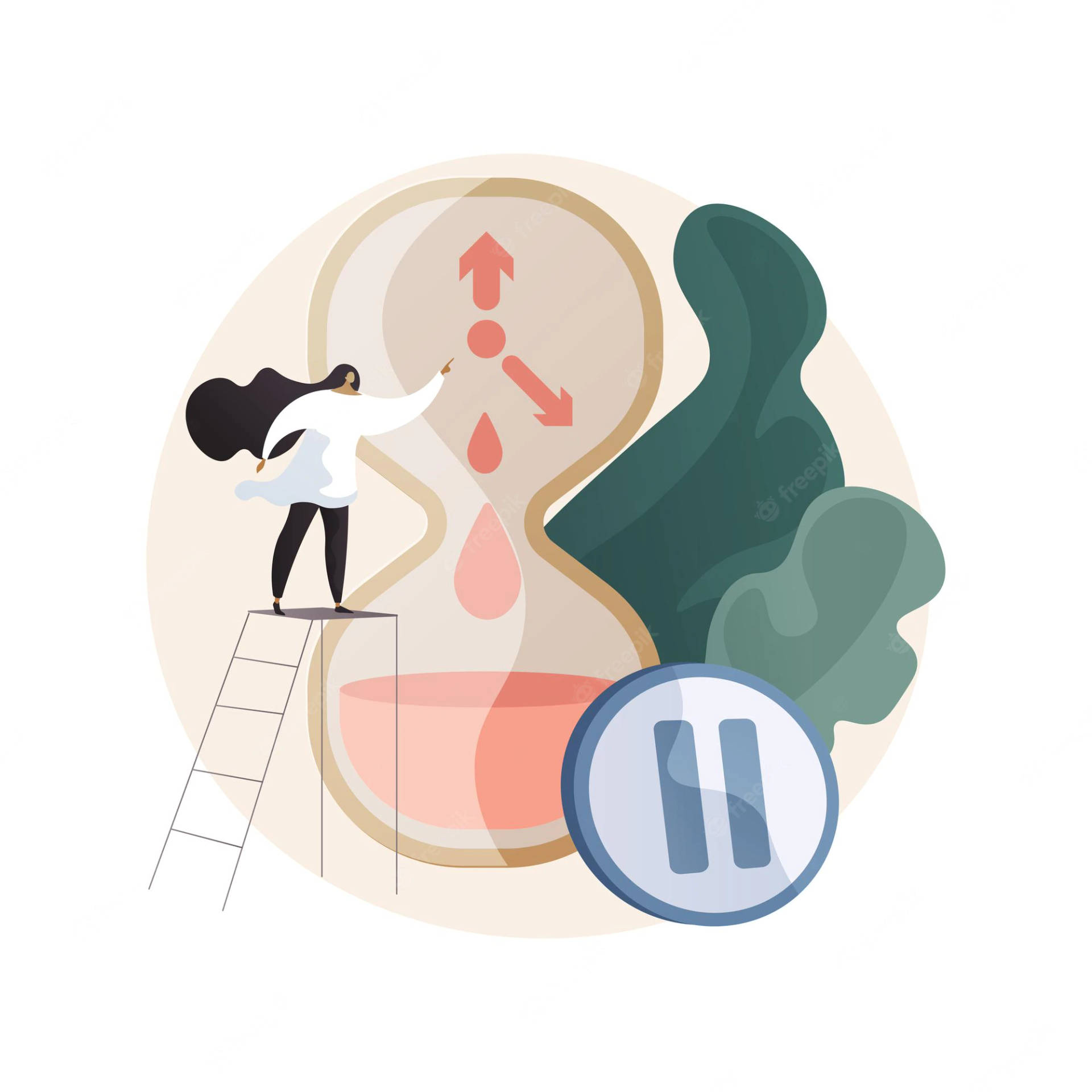 梯子上的女人調整沙漏中的時間箭頭，帶有暫停按鈕
