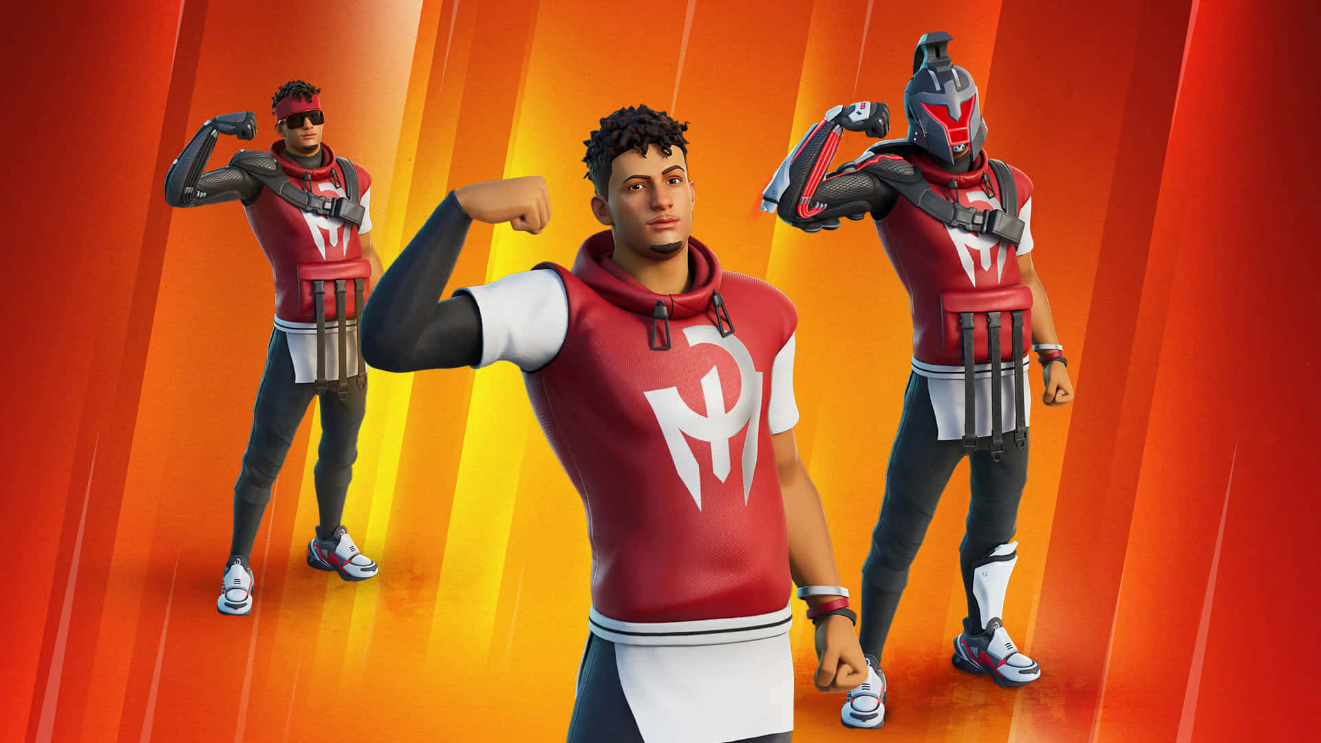 三個身穿紅白服裝的Fortnite角色在橙色漸變背景前展示肌肉。
