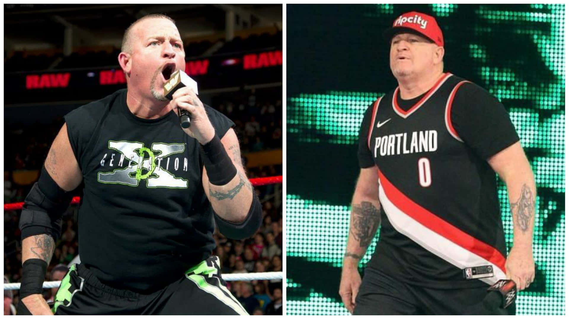 職業摔角手Road Dogg 壁紙 — WWE摔角手身穿黑色DX衫在擂台上對咪高峰大喊，旁邊同一摔角手身穿波特蘭拓荒者球衣站在舞台上。
