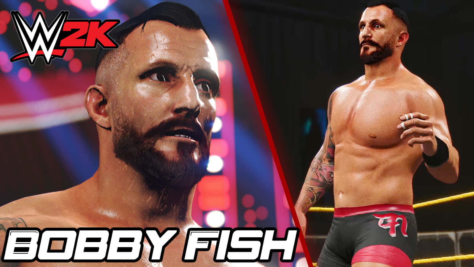 職業摔角手鮑比·菲什海報 壁紙 — WWE摔角手Bobby Fish以分屏顯示，在明亮的場館燈光下呈現強烈的特寫和全身擂台姿勢。