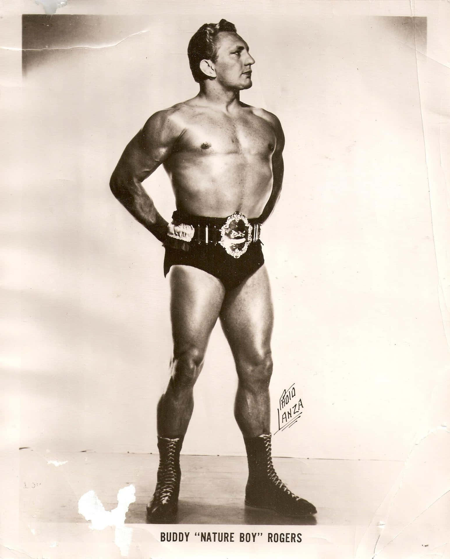 摔角手 Buddy 'Nature Boy' Rogers 身穿冠軍裝備的肖像。