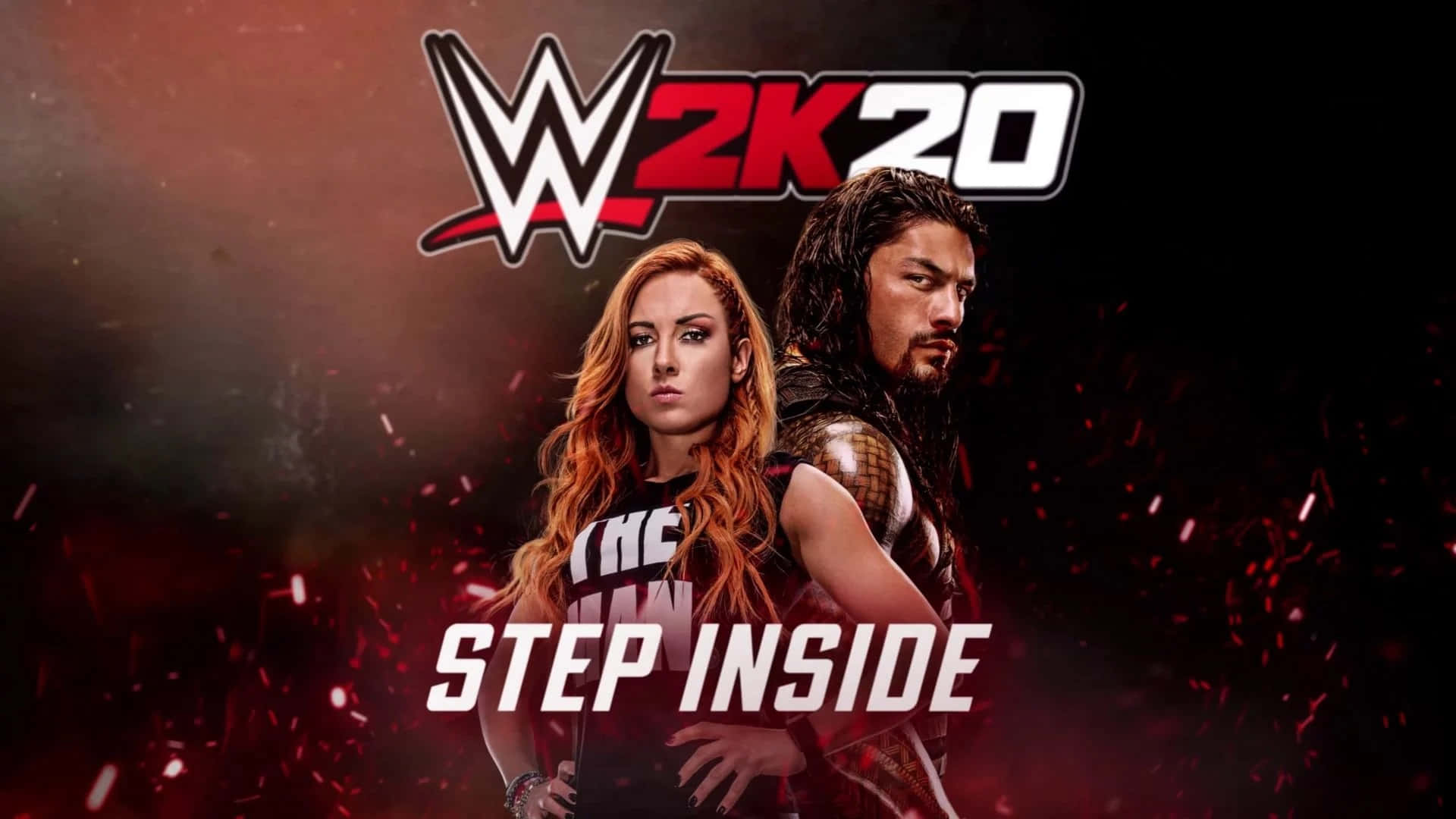 WWE 2K20遊戲封面，展示兩位摔角手和「step inside」文字。