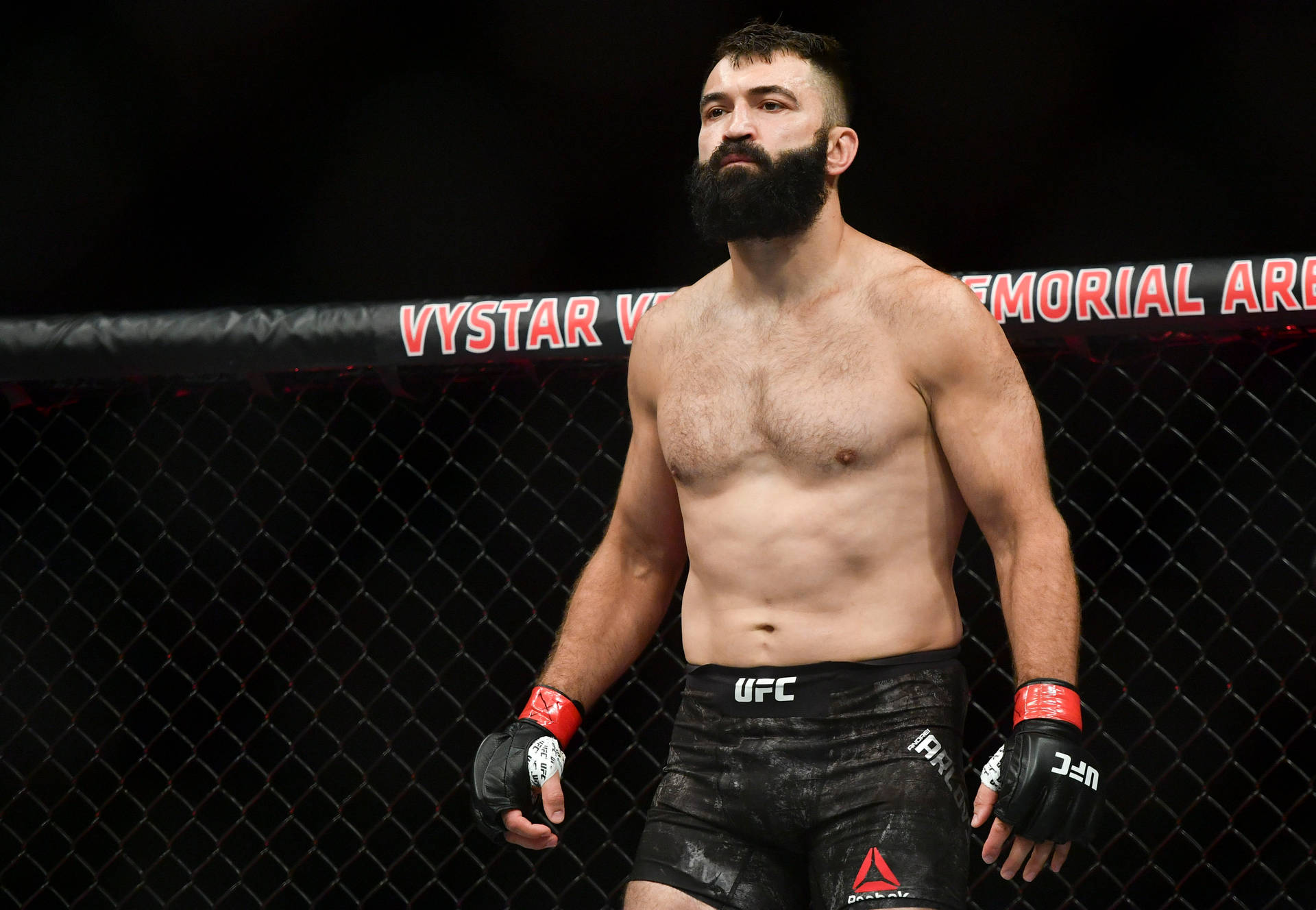 一位留鬍子、赤裸上身的MMA選手站在UFC八角籠內。