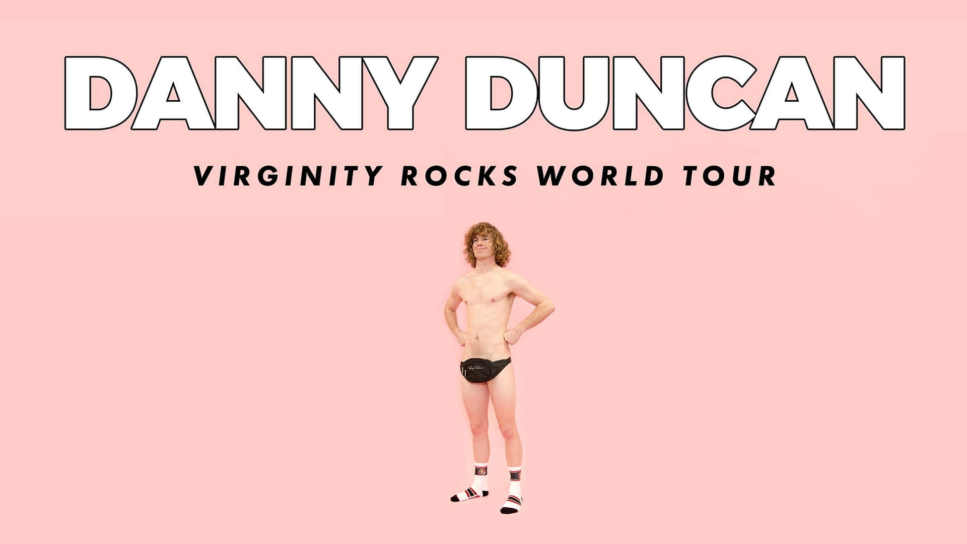 穿著內褲和襪子的男人為Virginity Rocks World Tour海報擺姿勢。