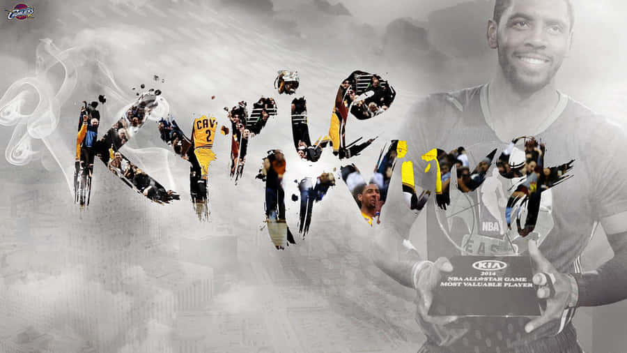 職業籃球員 Kyrie Irving 展現時尚姿勢 壁紙 — 一個動態拼貼，Kyrie Irving 的名字由籃球運動員和球迷組成，他手持 MVP 獎盃，背景為煙霧灰色。