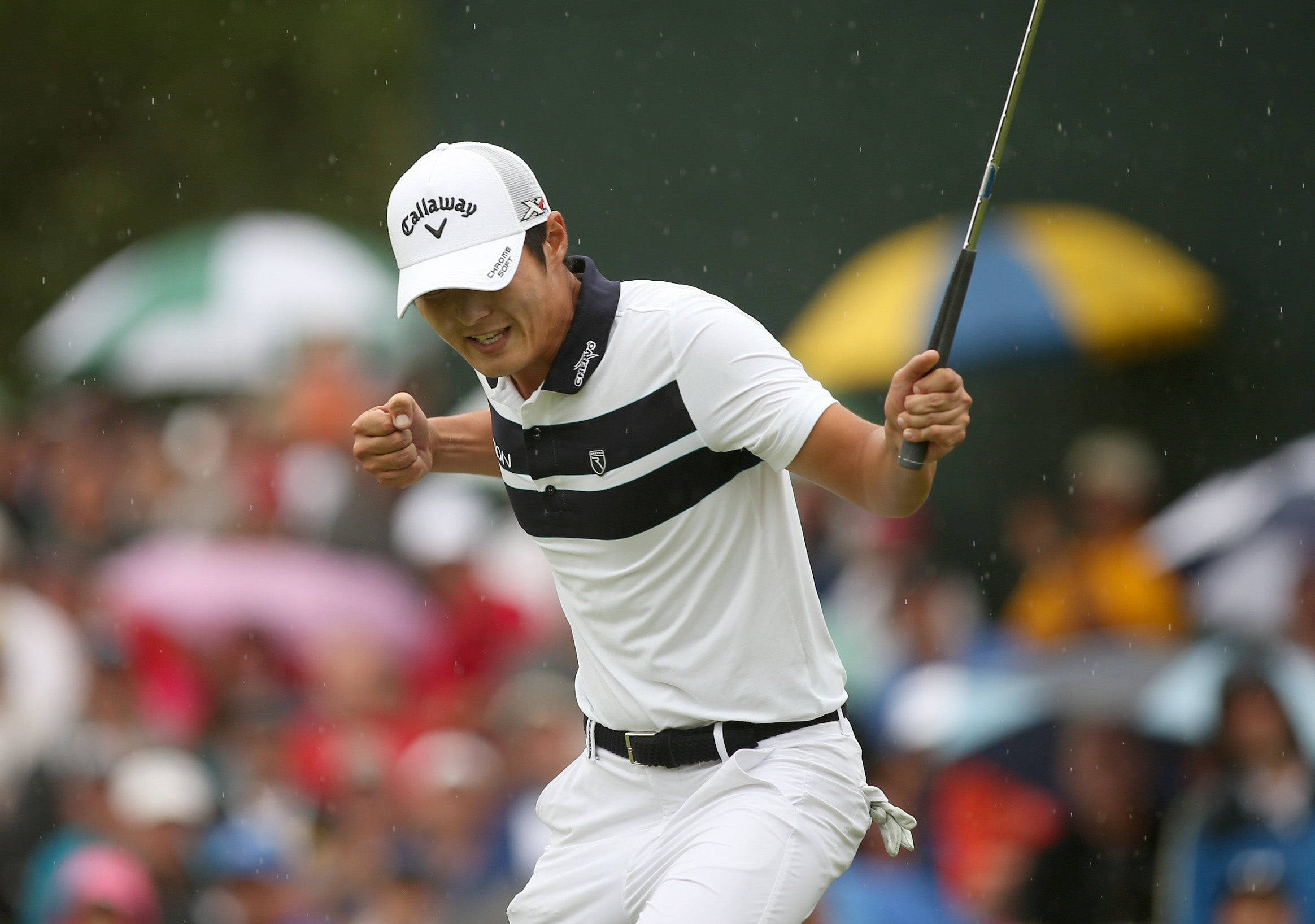 職業高爾夫球手丹尼·李慶祝成功一擊 壁紙 — 一位高爾夫球手在雨中握緊拳頭，帶著喜悅的表情慶祝勝利。