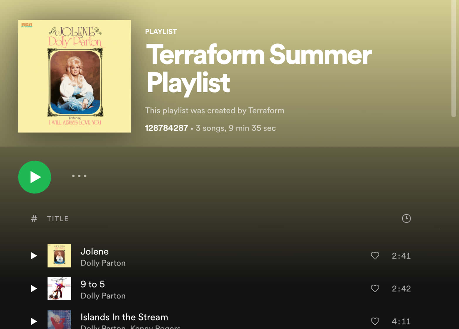 用於「Terraform Summer Playlist」的Spotify播放清單畫面，包含Dolly Parton的專輯封面和歌曲列表。